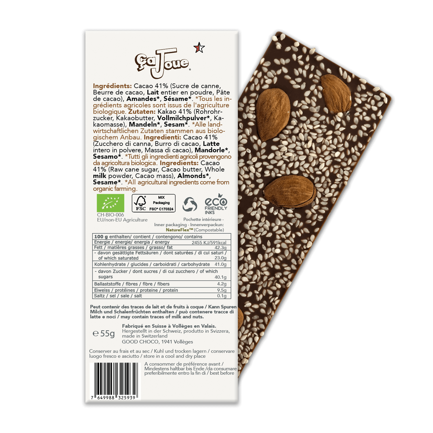 The back of the Swiss 41% Cacao Milk Chocolate with Almonds and Sesame.