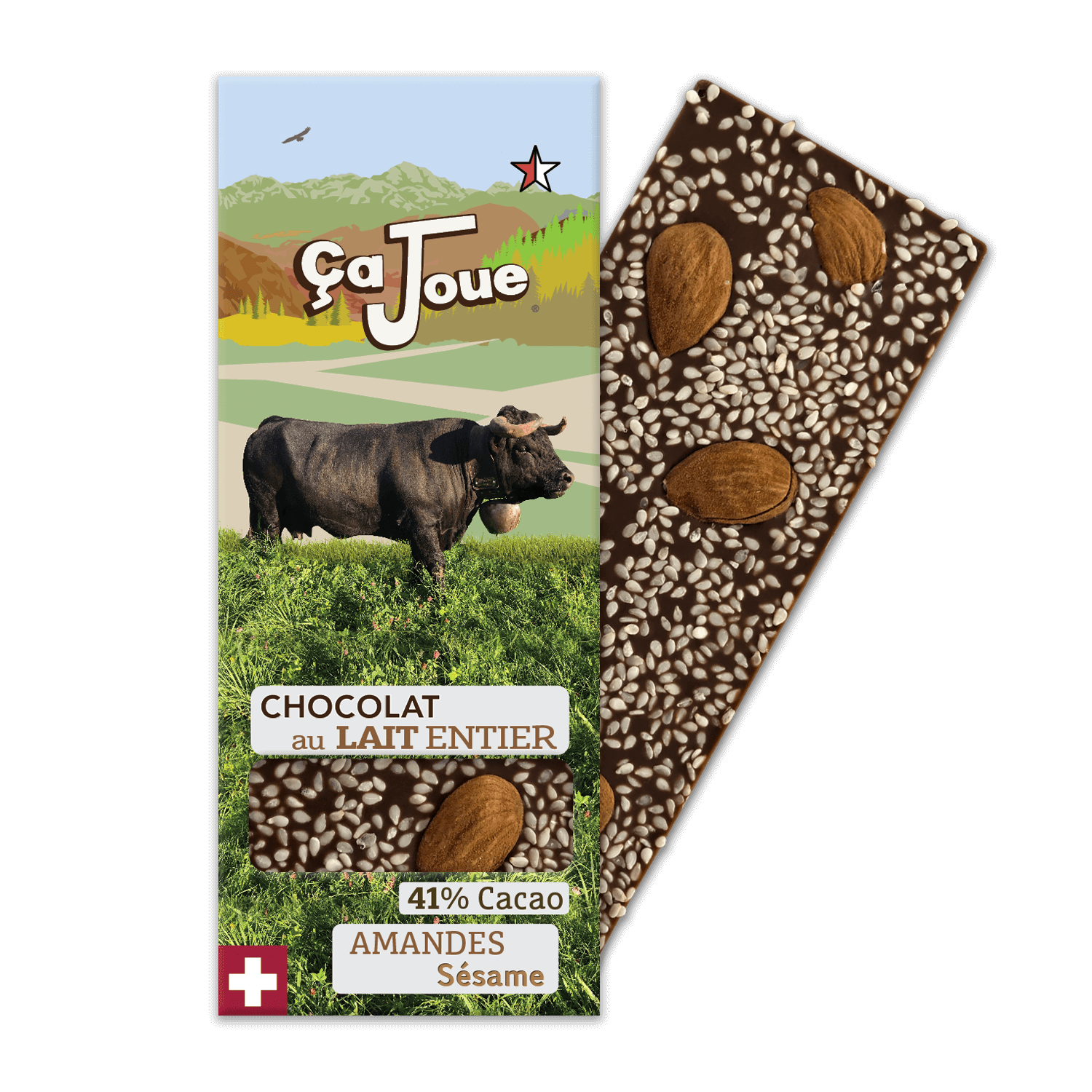 Swiss 41% Cacao Milk Chocolate with Almonds and Sesame, featuring a famous Hérens cow with a graphic representation of Verbier and the Alps in the background.