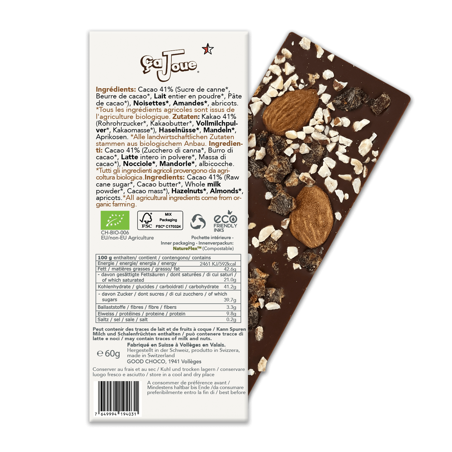 The back of the packaging for Swiss Milk Chocolate 41% Cocoa with Apricots, Almonds, and Hazelnuts.