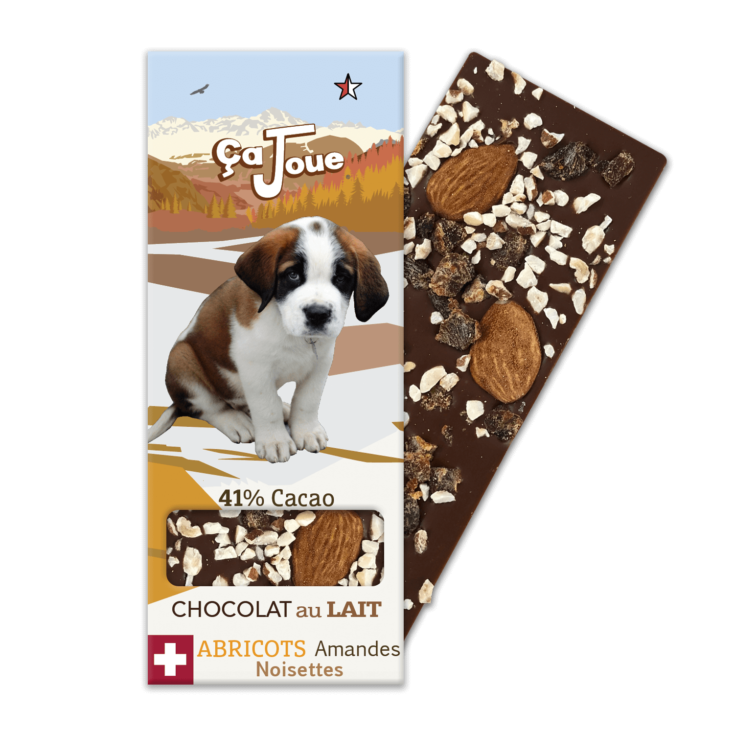 Swiss Milk Chocolate 41% Cocoa with Apricots, Almonds, and Hazelnuts, featuring a St. Bernard puppy with a graphic representation of Verbier and the Alps in the background.
