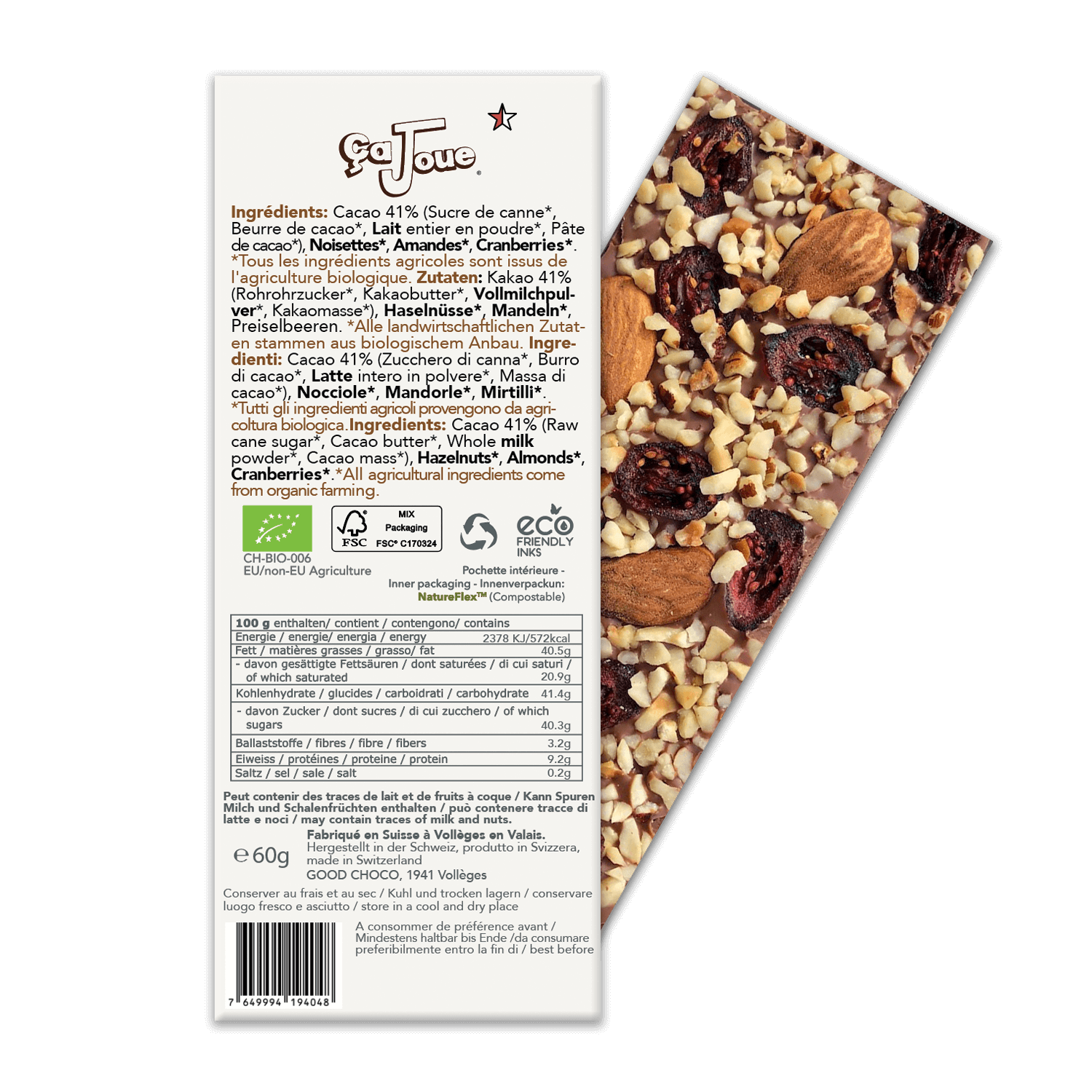 The back of the Swiss Milk Chocolate 41% Cacao with Cranberries, Almonds, and Hazelnuts packaging.