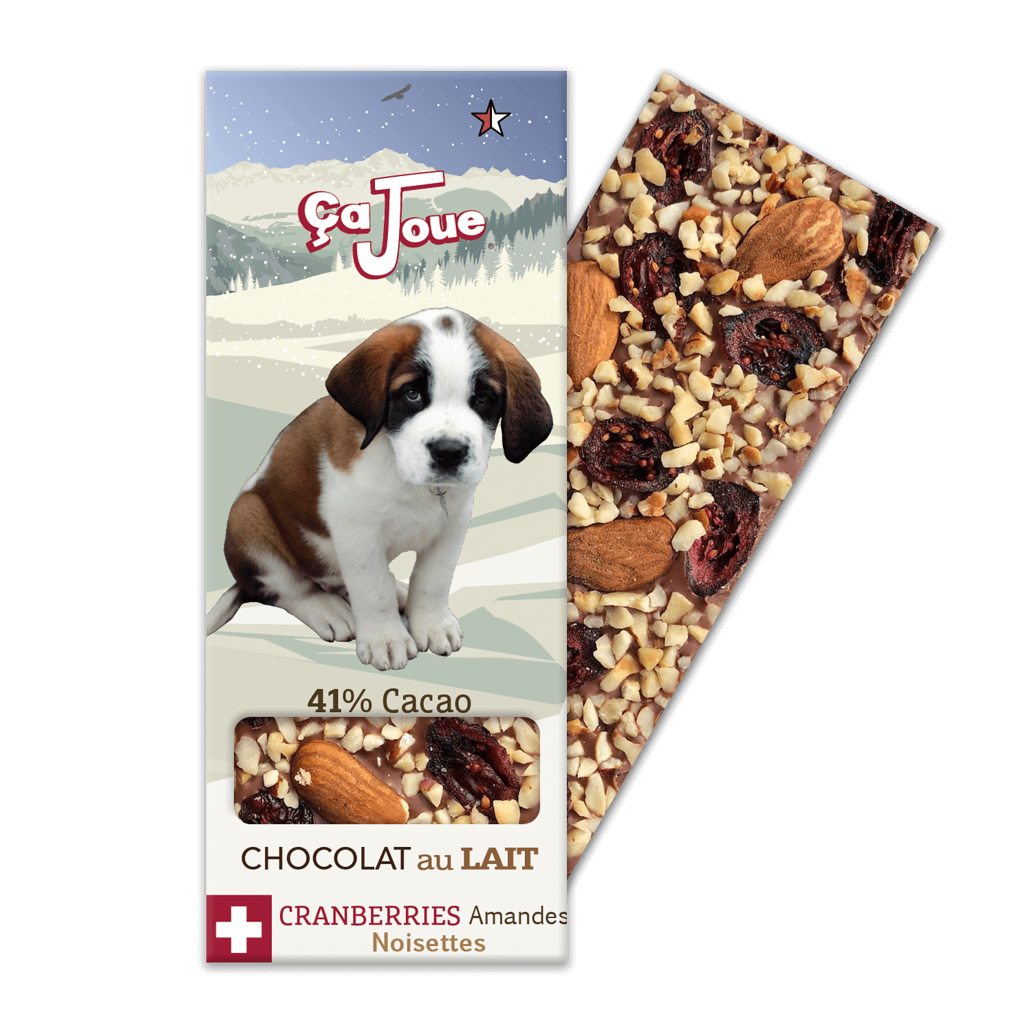 Swiss Milk Chocolate 41% Cacao with Cranberries, Almonds, and Hazelnuts, featuring a St. Bernard puppy with a graphic representation of Verbier and the Alps in the background.