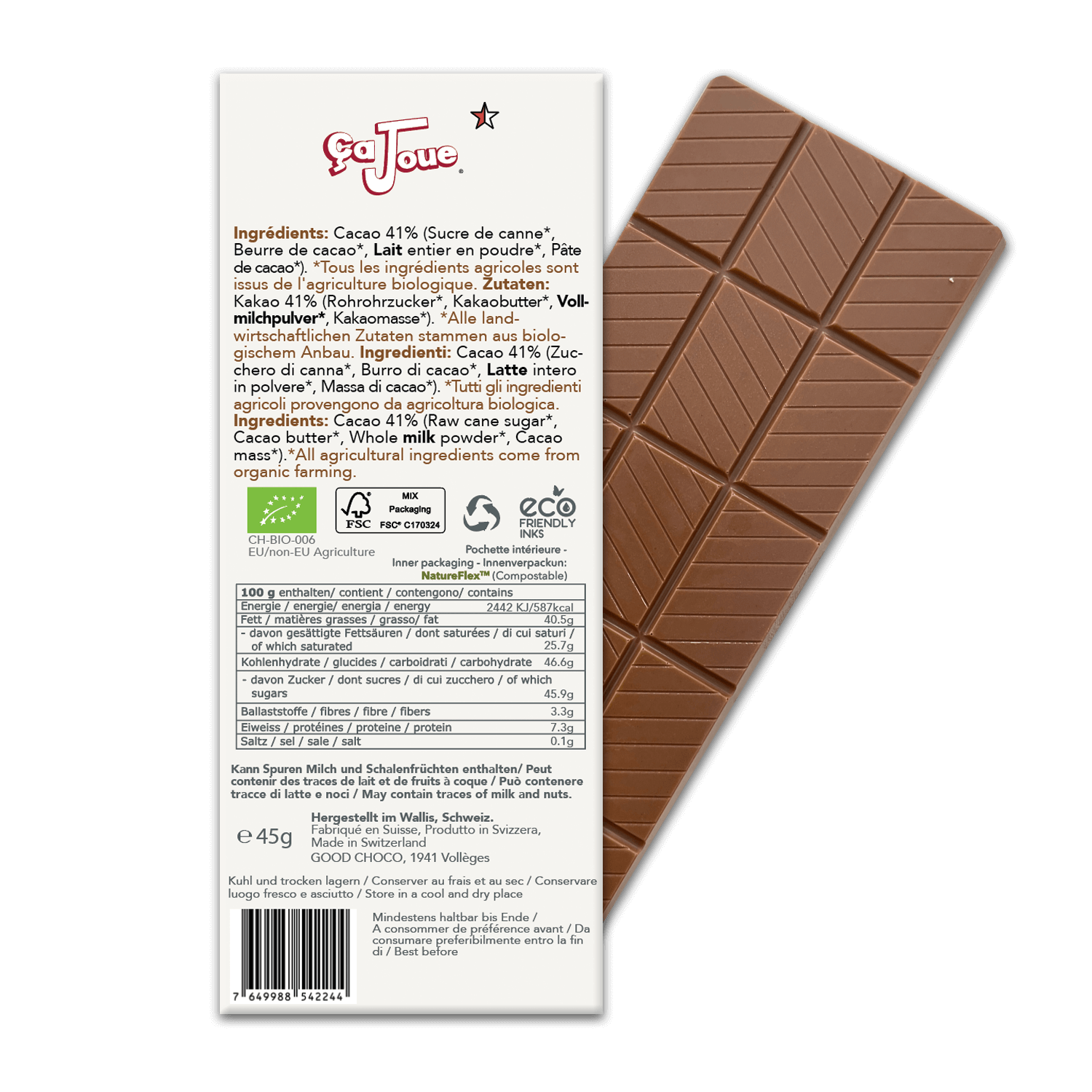 Die Rückseite der Verpackung besteht aus 41 % Kakaomilchschokolade, Schweizer und Bio, mit Haselnüssen, Mango und Amaranth.