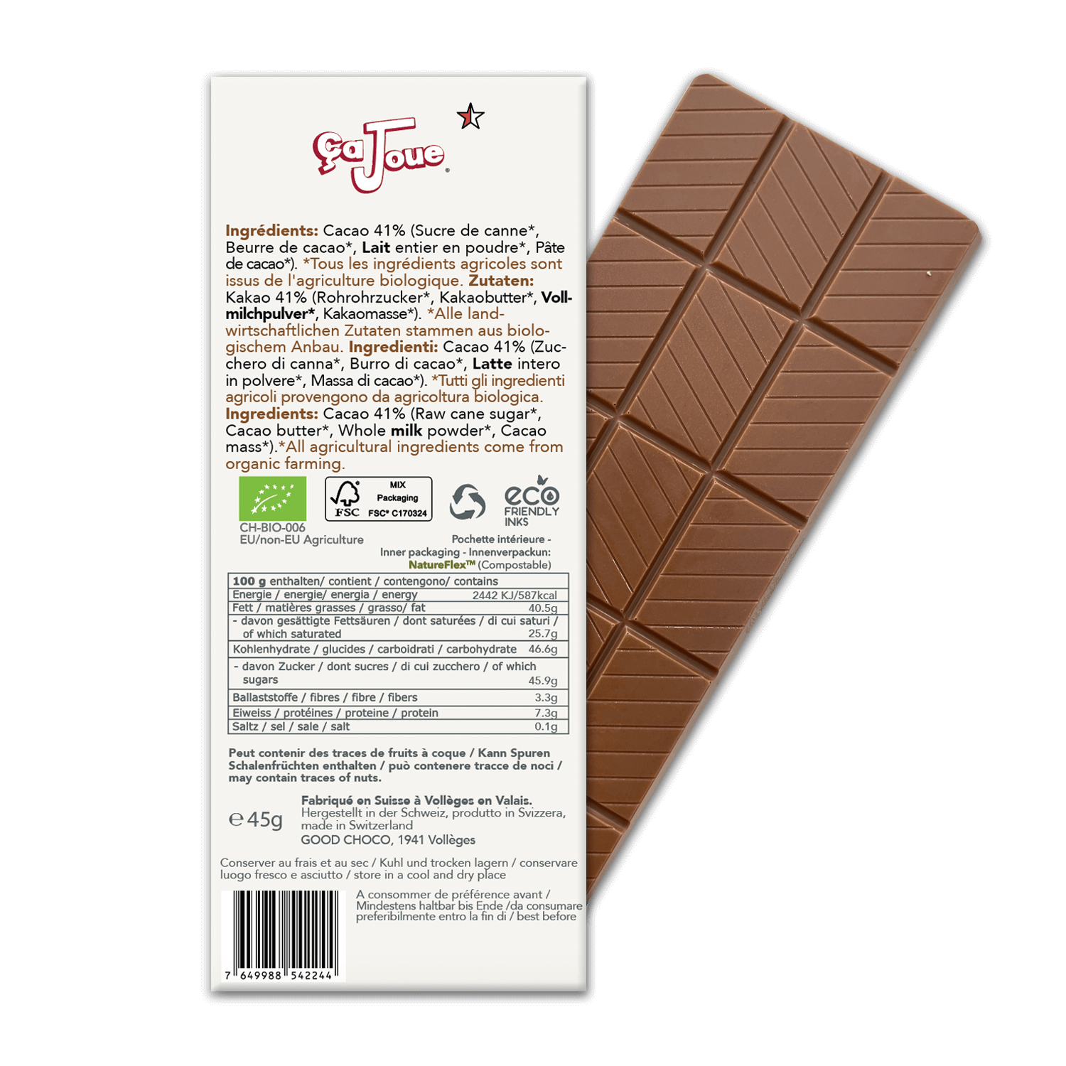 Le dos de l'emballage du Chocolat au Lait 41% Cacao, suisse et bio, avec Noisettes, Mangue et Amarante.
