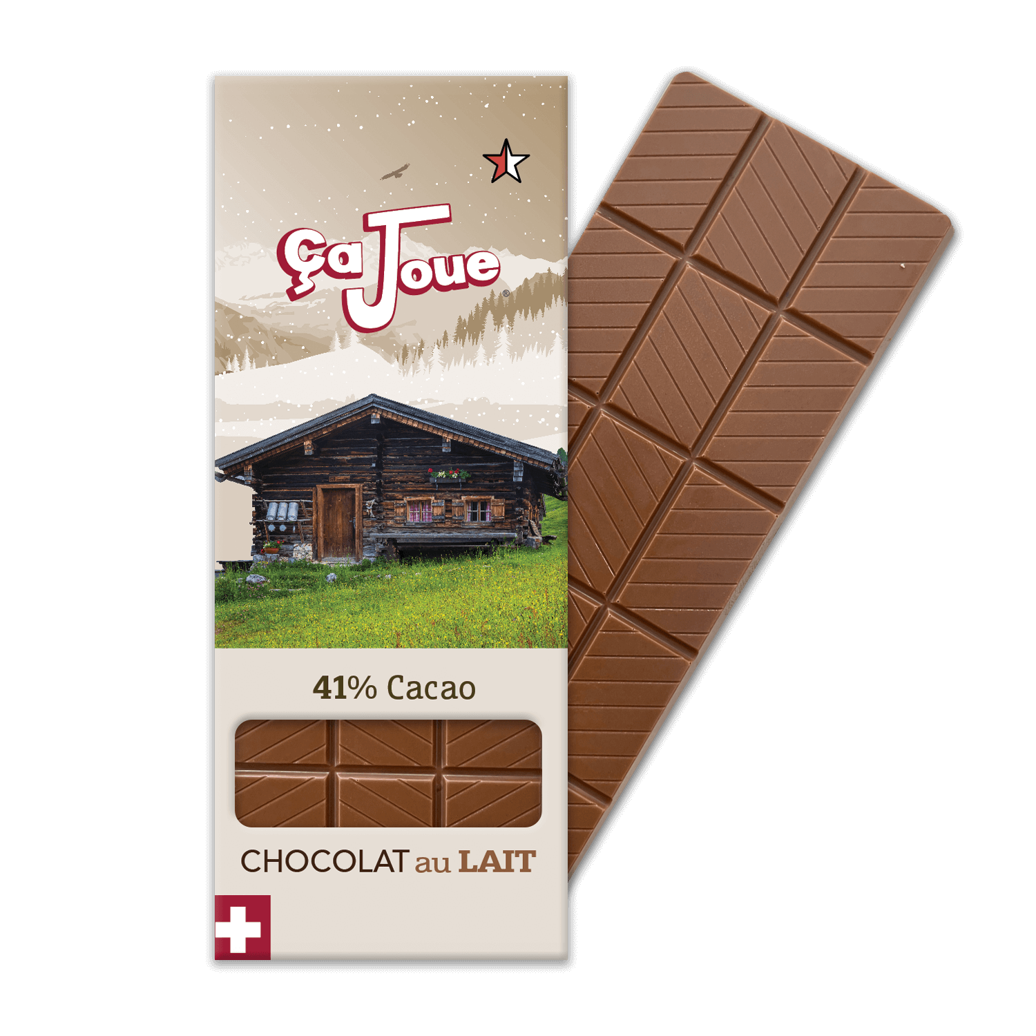 Swiss Milk Chocolate 41% Cacao, Swiss and organic, featuring a Swiss chalet with a graphic representation of Verbier and the Alps in the background.