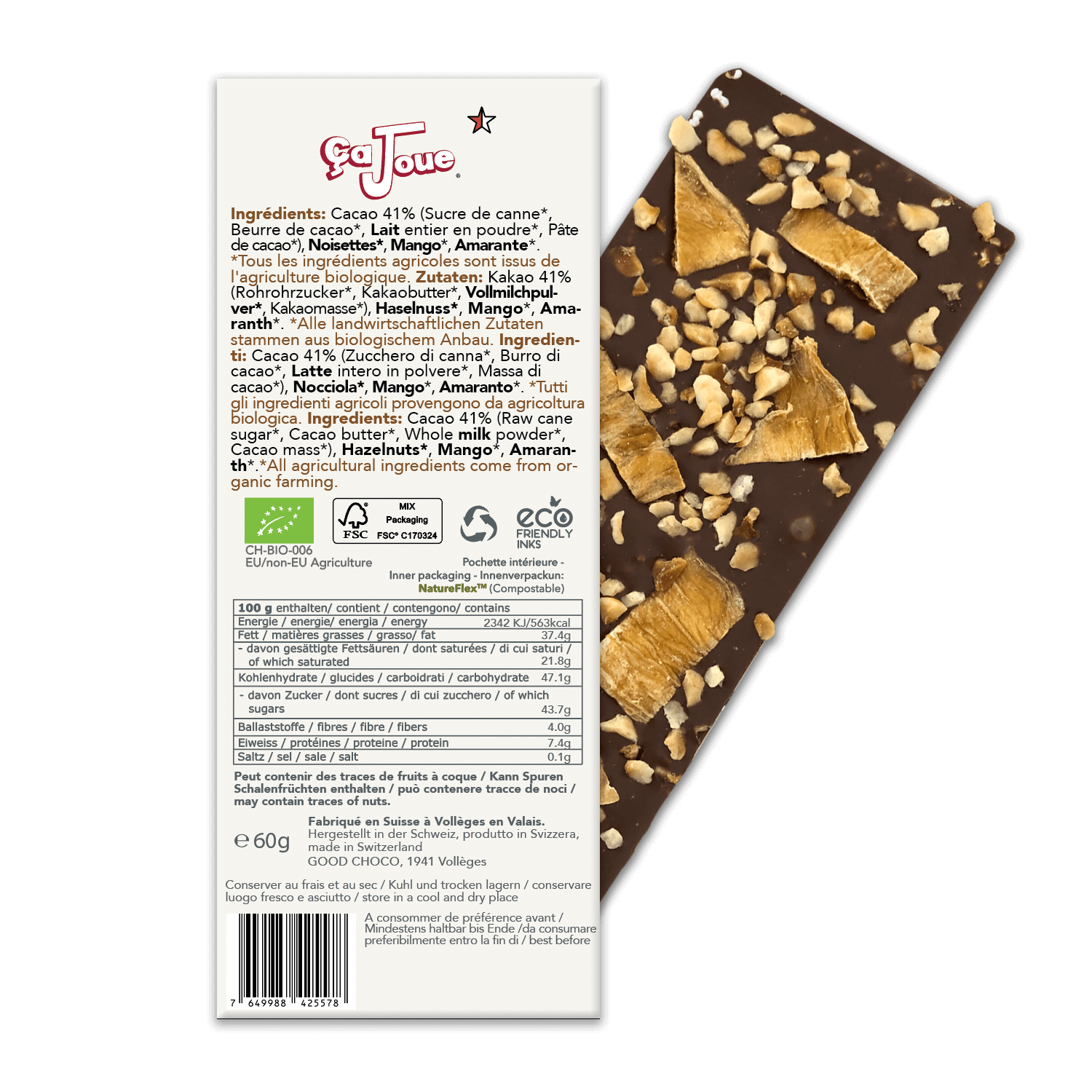 Le dos de l'emballage du Chocolat au Lait 41% Cacao, suisse et bio, avec Noisettes, Mangue et Amarante.