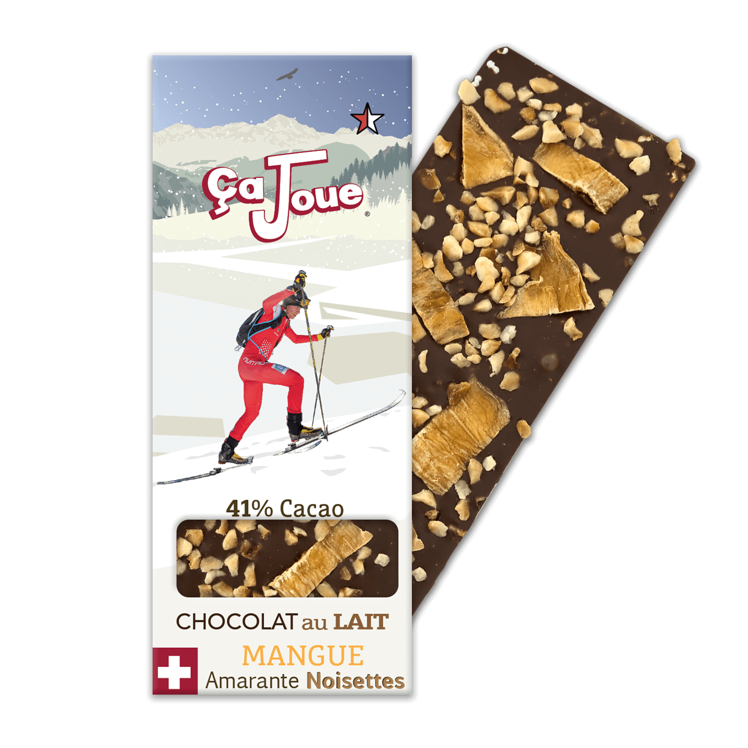 Chocolat au Lait suisse 41% Cacao, suisse et bio, avec Noisettes, Mangue et Amarante, represantant un le skieur Aurélien Gay avec en arrière-plan une représentation graphique de Verbier et des Alpes.