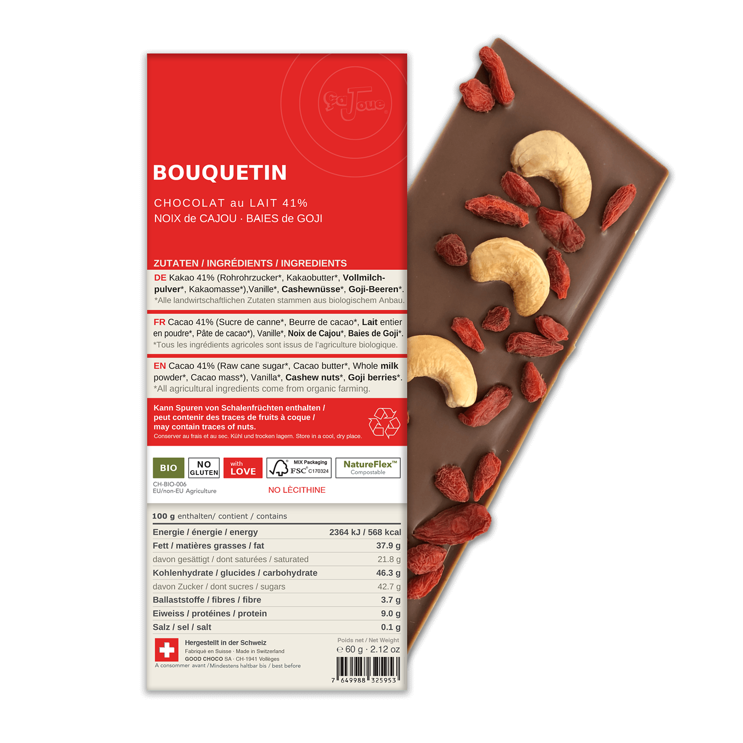 BOUQUETIN: Swiss Milk Chocolate 41% Cacao, Cashews, Goji Berries (BL3-S)