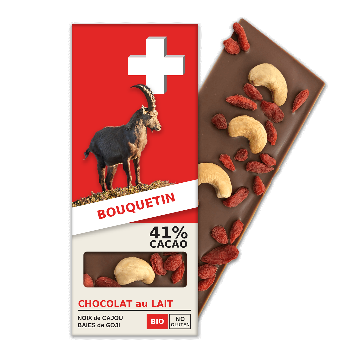 BOUQUETIN: Swiss Milk Chocolate 41% Cacao, Cashews, Goji Berries (BL3-S)