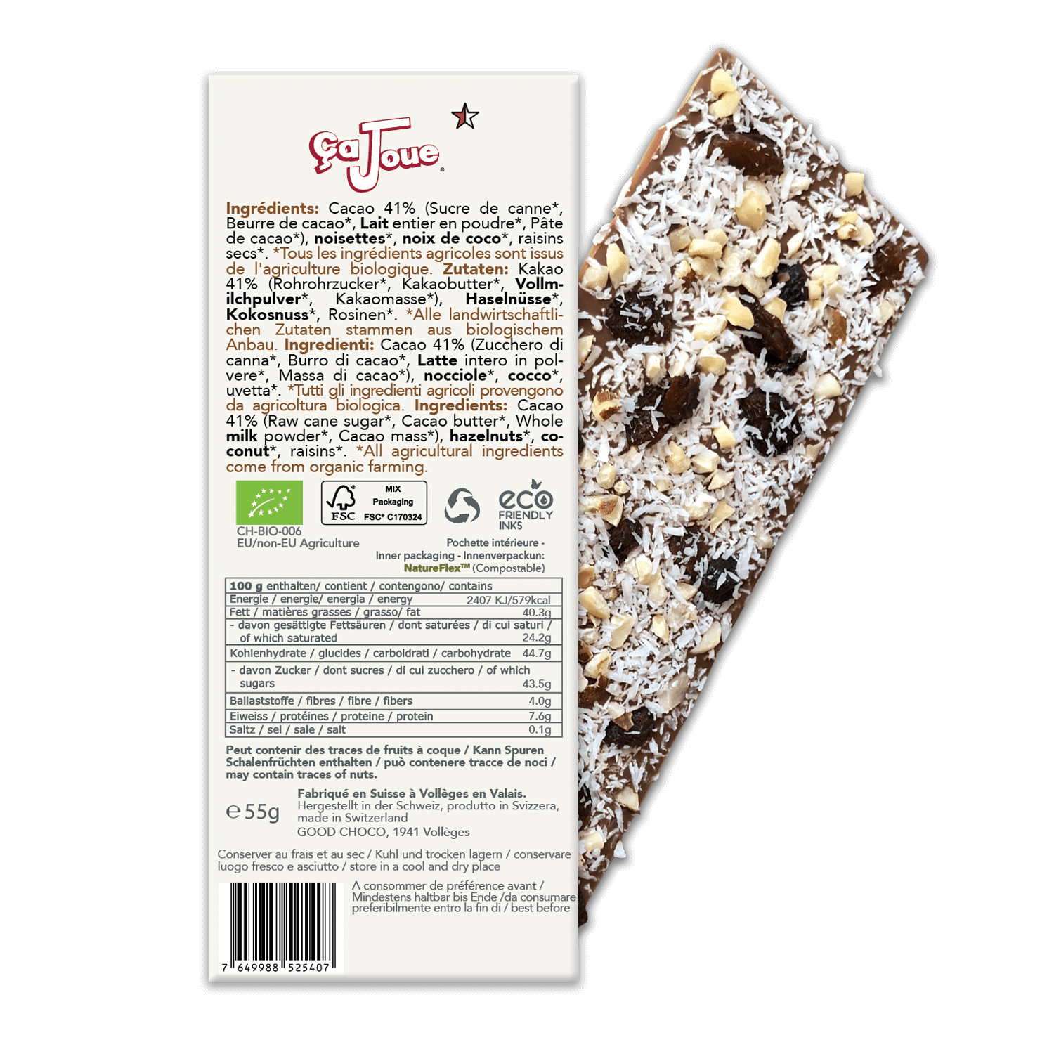 The back of the packaging for Organic Swiss milk chocolate with 41% cocoa content and coconut, raisins, and hazelnuts.