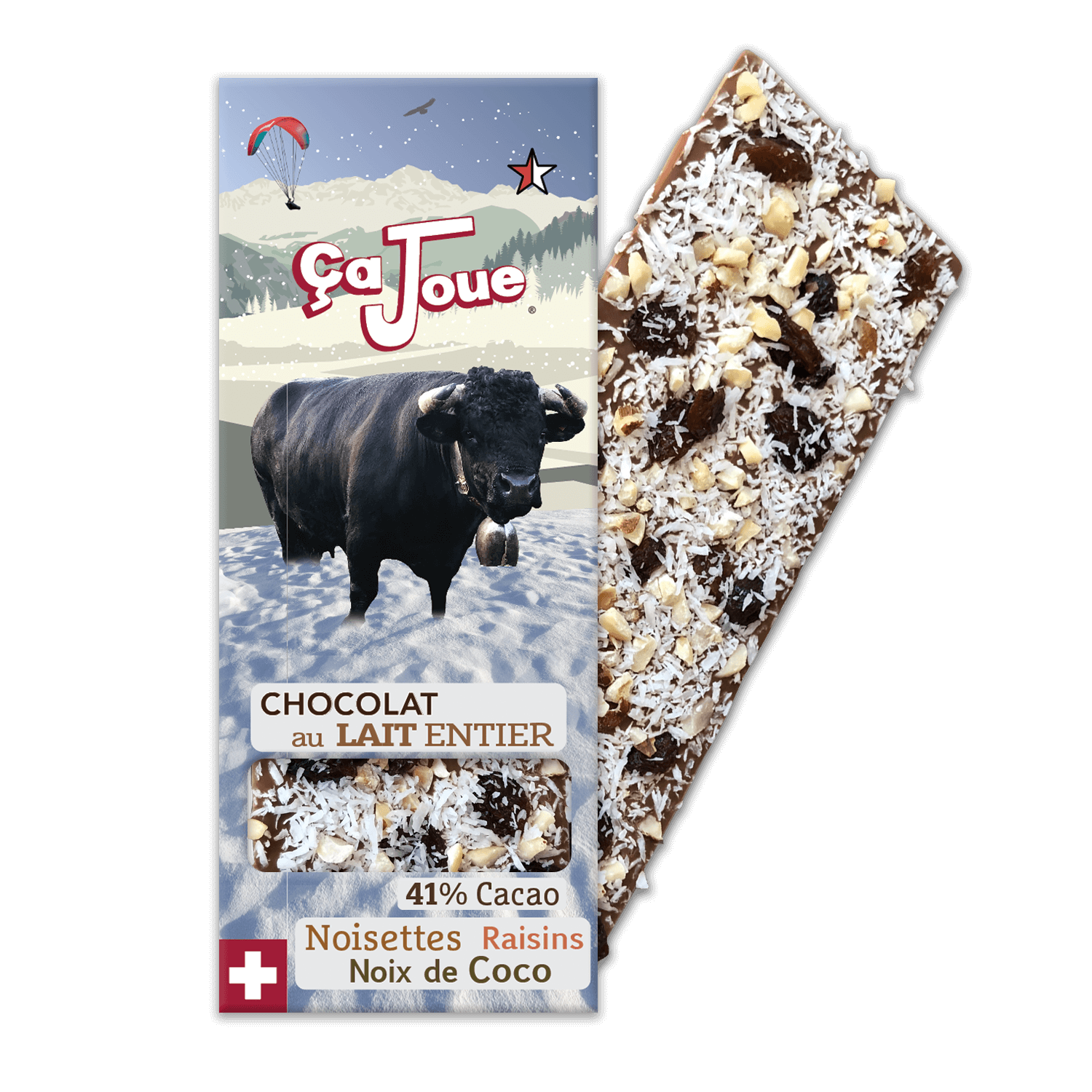 Organic Swiss milk chocolate with 41% cocoa content and coconut, raisins, and hazelnuts, featuring a famous Hérens cow with a graphic representation of Verbier and the Alps in the background.