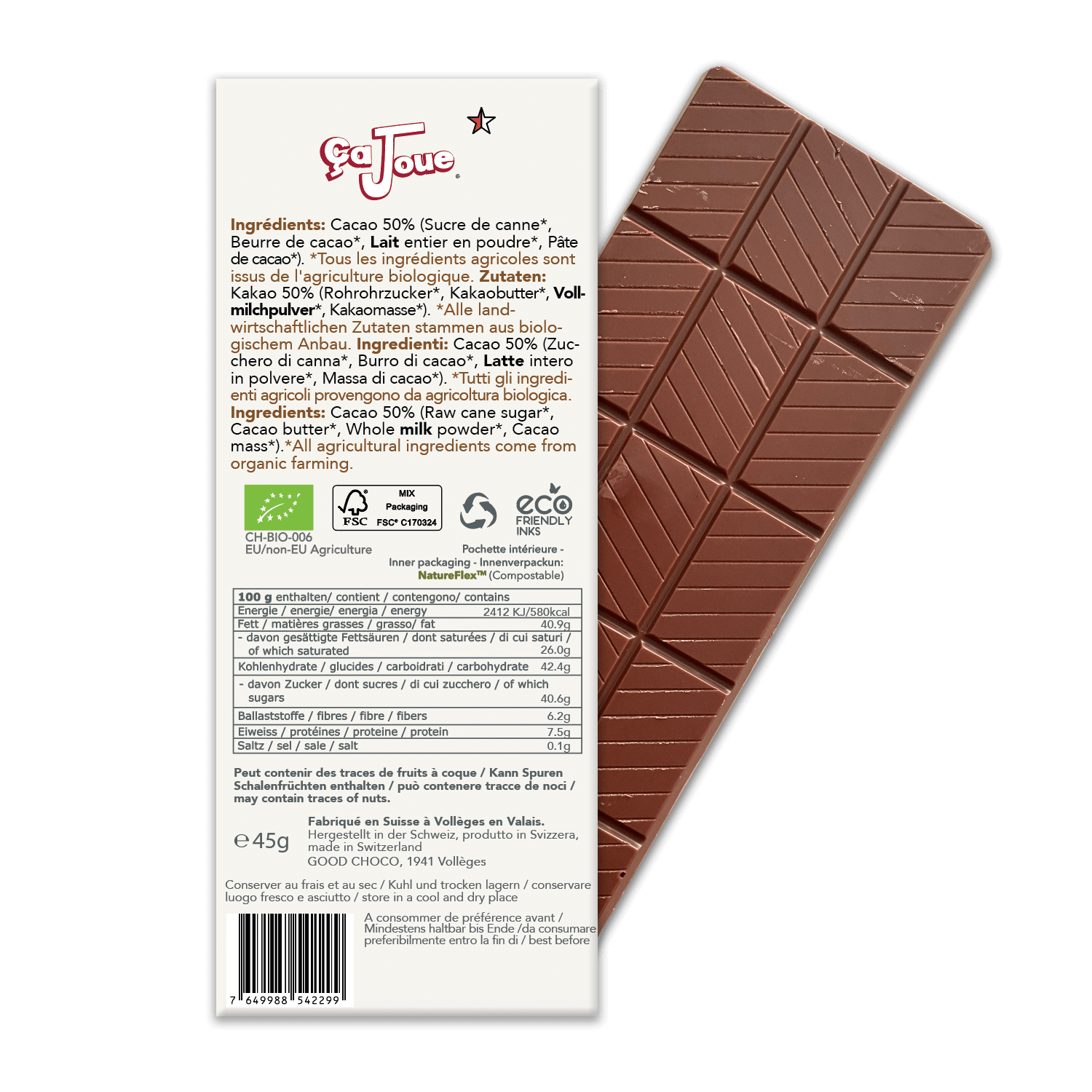 Die Rückseite der Verpackung von Schweizer Milchschokolade 50% Kakao.