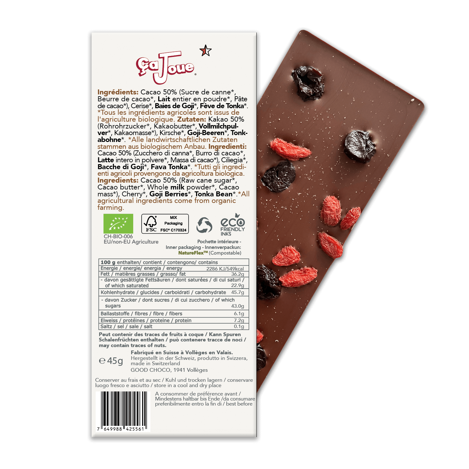 The back of the packagibg of the Swiss milk chocolate 50% cocoa with cherry, goji berries and tonka bean.