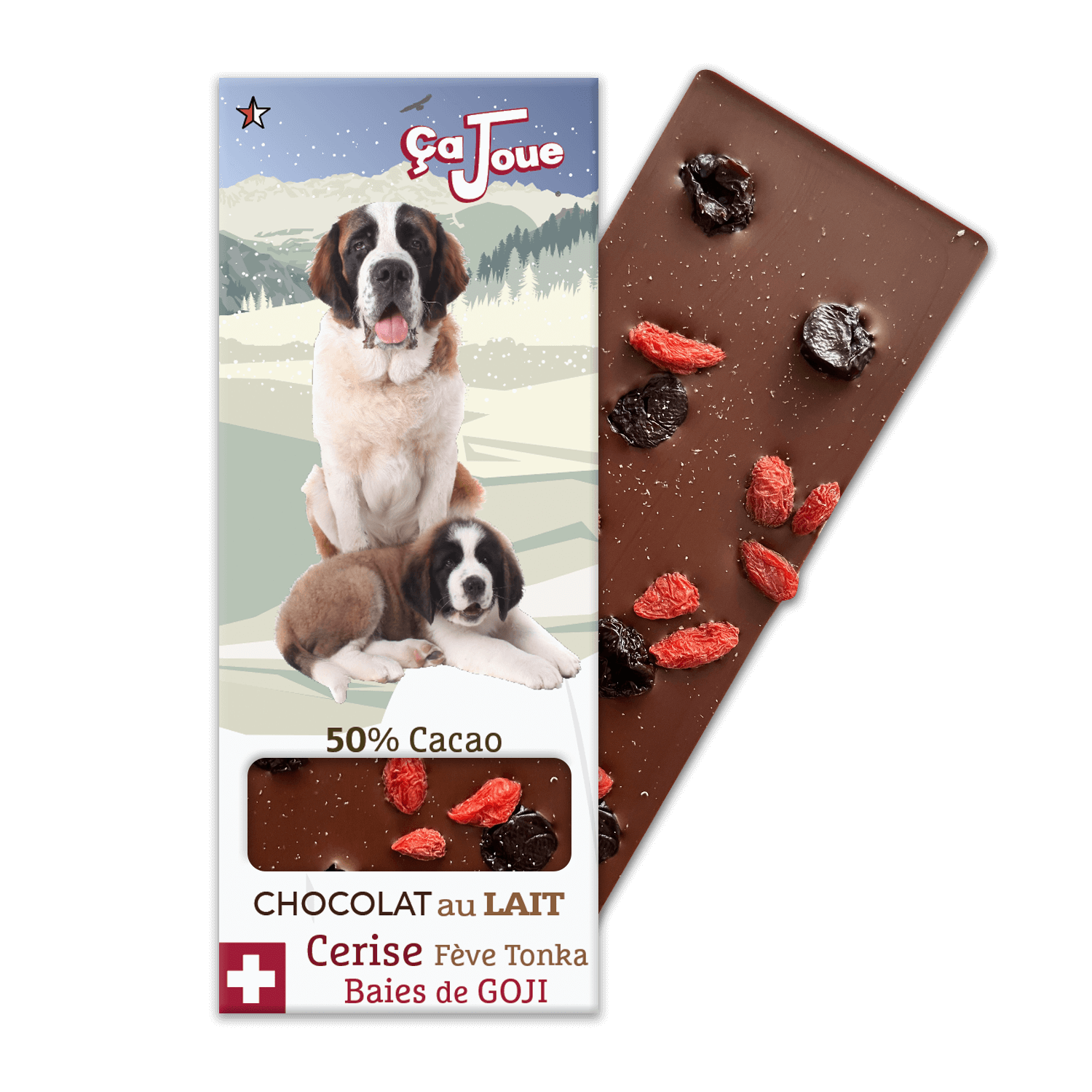 Swiss milk chocolate 50% cocoa with cherry, goji berries and tonka bean, featuring a St Bernard dog and her puppy with a graphic rendering of Verbier and the Alps in the background.
