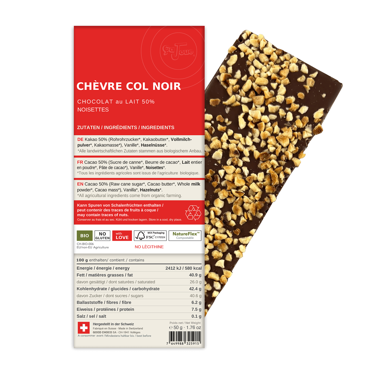 CHÈVRE COL NOIR: Swiss Milk Chocolate 50% Cacao, Hazelnuts (BLF5-S)