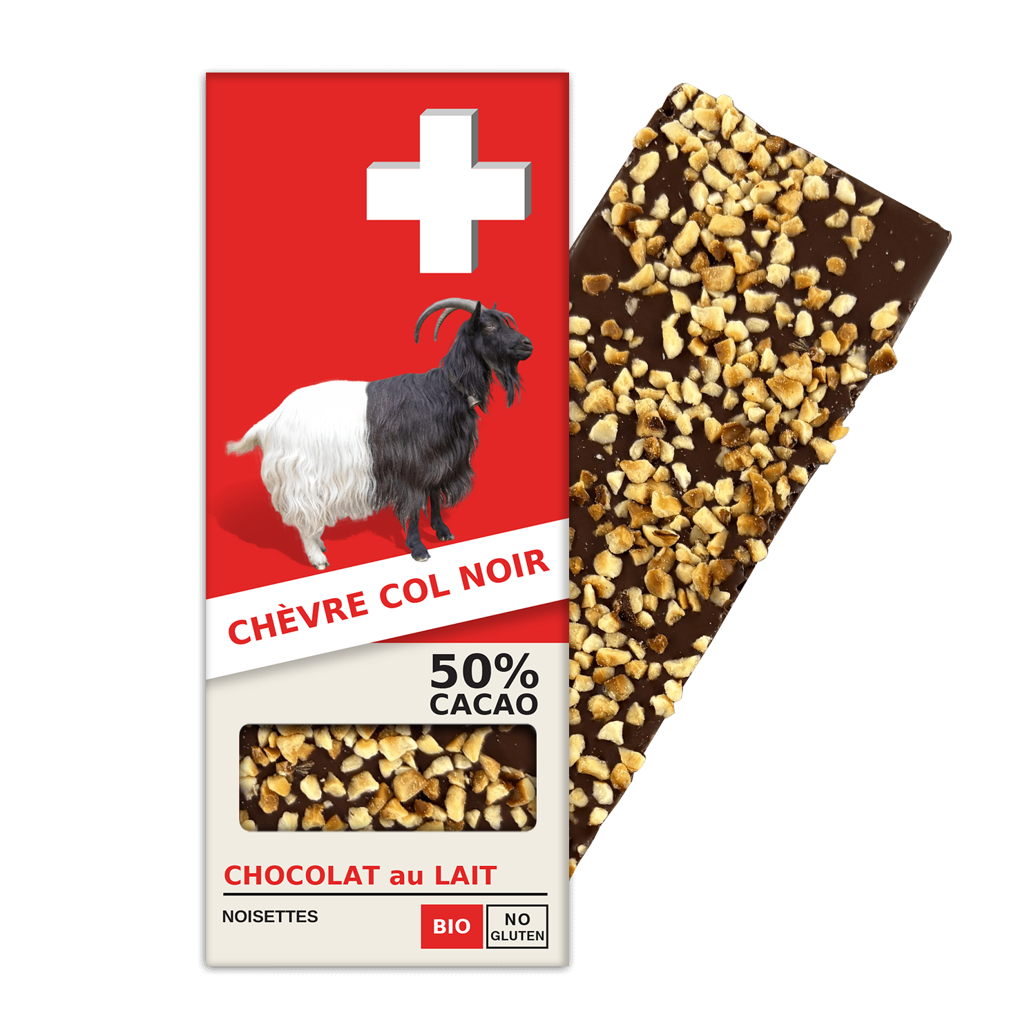 CHÈVRE COL NOIR: Swiss Milk Chocolate 50% Cacao, Hazelnuts (BLF5-S)