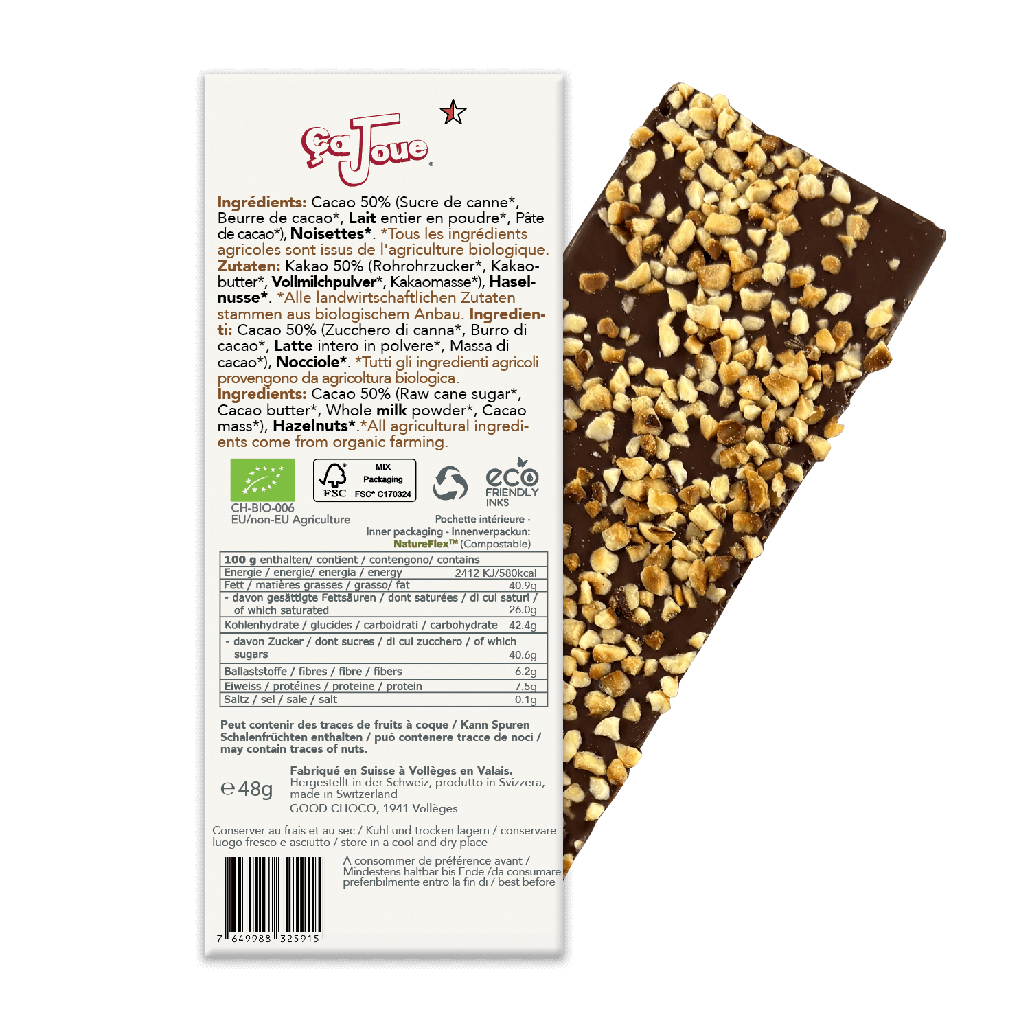 The back of the packaging of the Swiss Milk Chocolate 50% Cocoa with Hazelnuts.