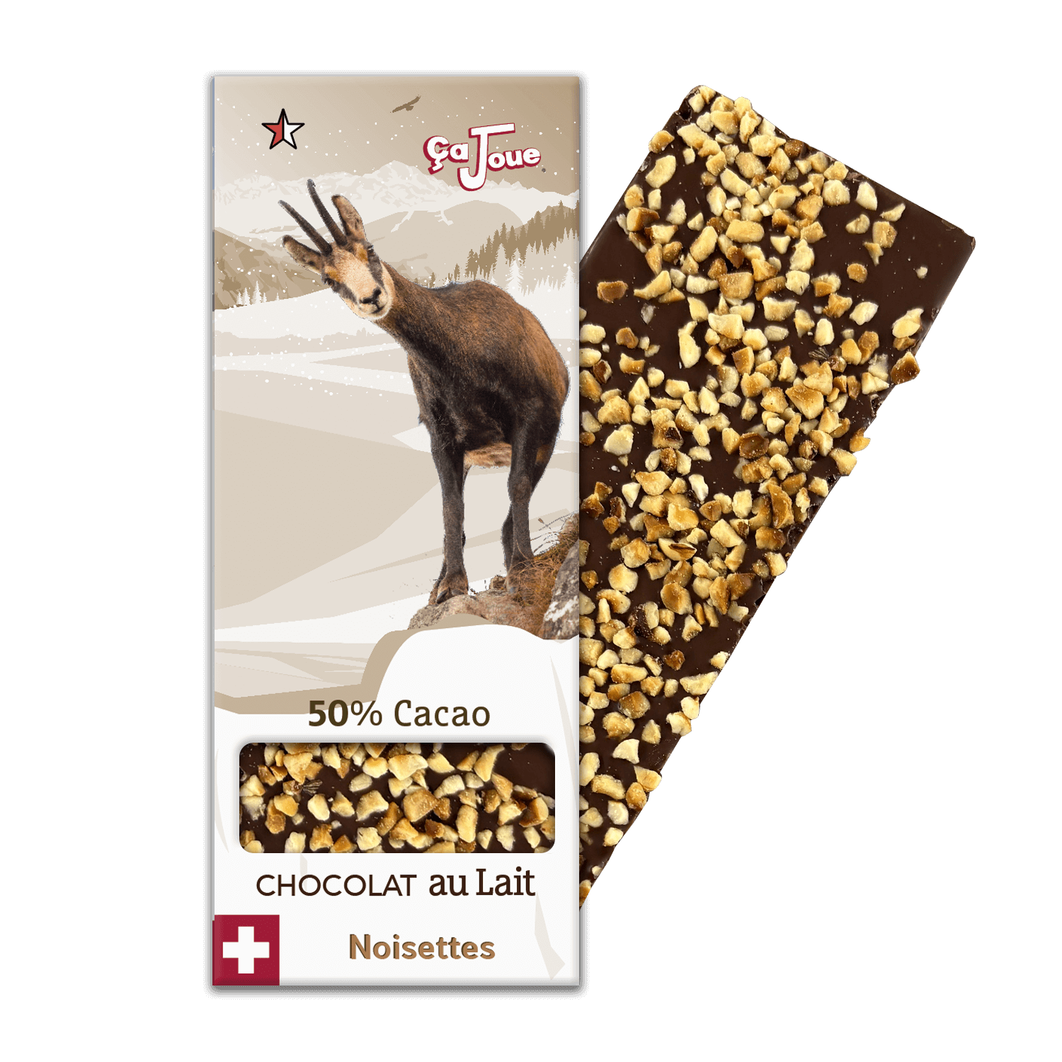 Swiss milk chocolate 50% cocoa with hazelnuts, featuring an alpine chamois with a graphic rendering of Verbier and the Alps in the background.