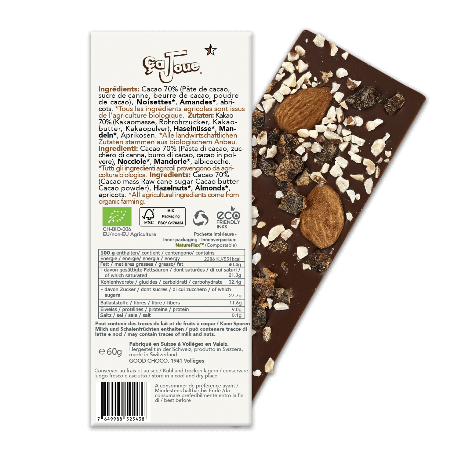 The back of the packaging for Organic Swiss 70% Cacao Dark Chocolate with Almonds, Apricots, and Hazelnuts.