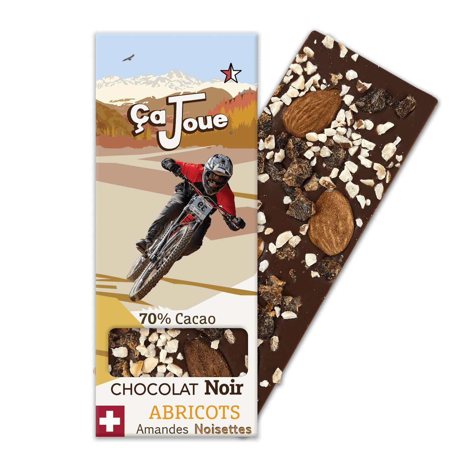 Organic Swiss 70% Cacao Dark Chocolate with Almonds, Apricots, and Hazelnuts, depicting a downhill bike on a bend with a graphic representation of Verbier and the Alps in the background.