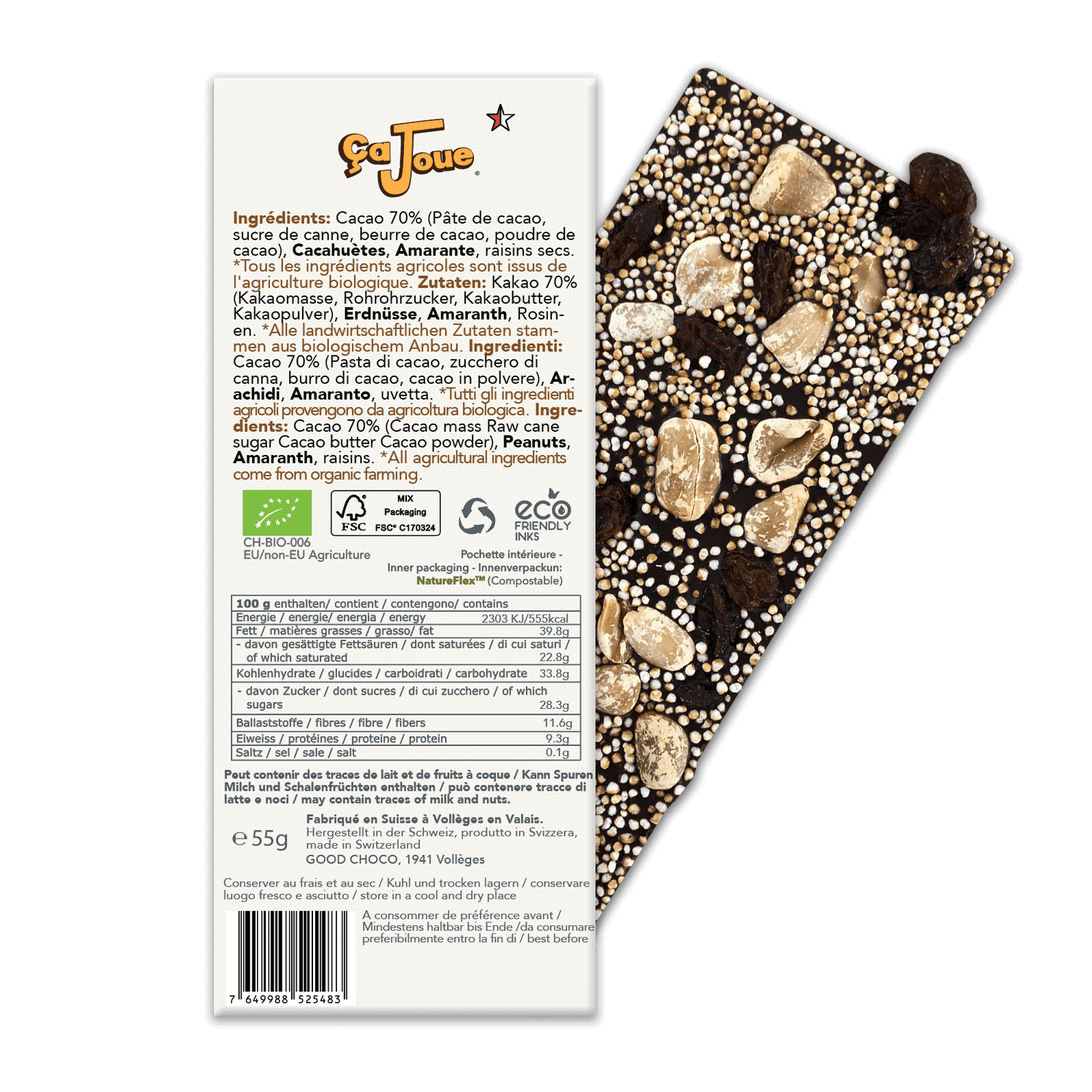 The back of the packaging for Organic Swiss 70% Cacao Dark Chocolate with Peanuts, Amaranth, and Raisins.