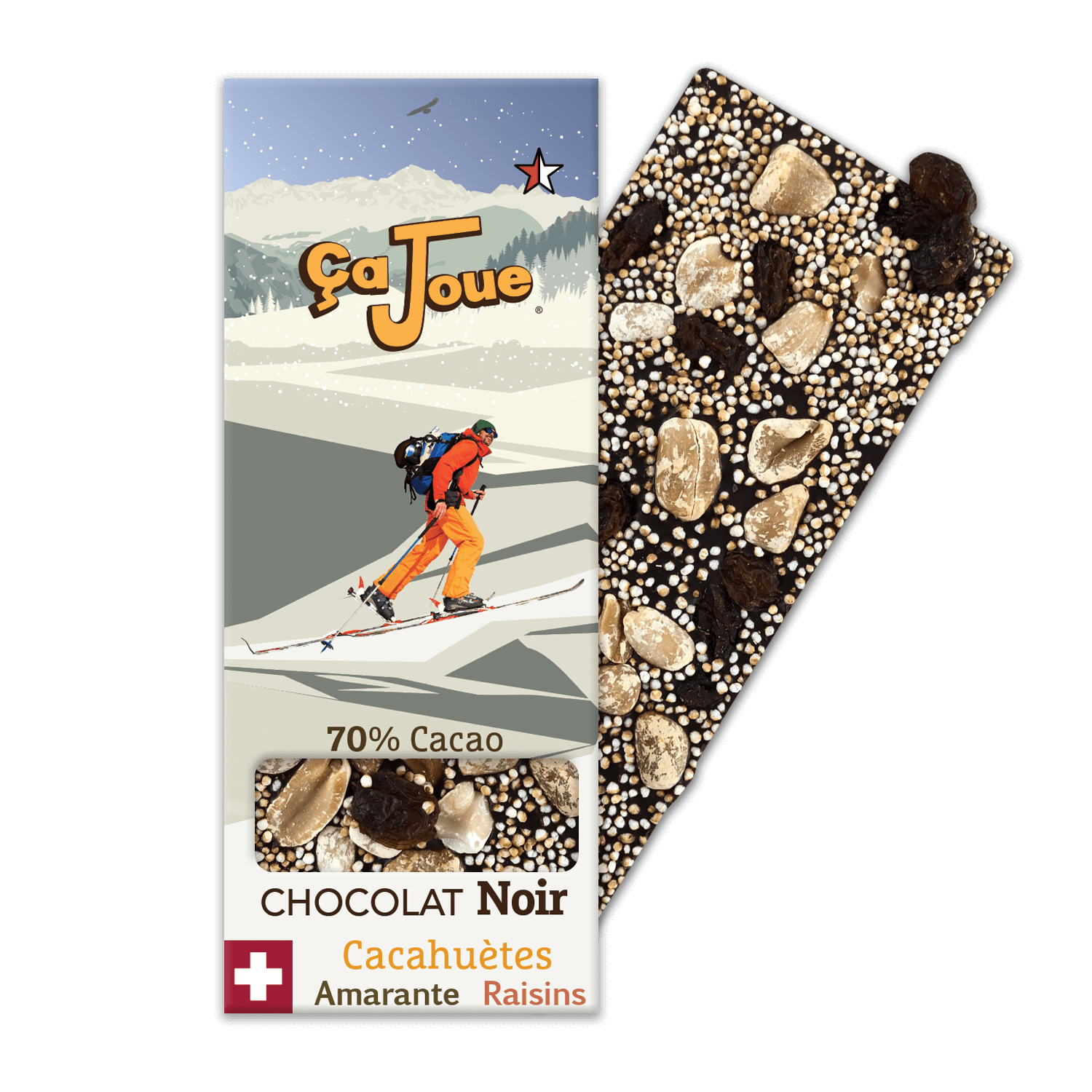 70% Cocoa Dark Chocolate, Swiss and organic, with Peanuts, Amaranth and Raisins, depicting a backcountry skier with a graphic representation of Verbier and the Alps in the background.