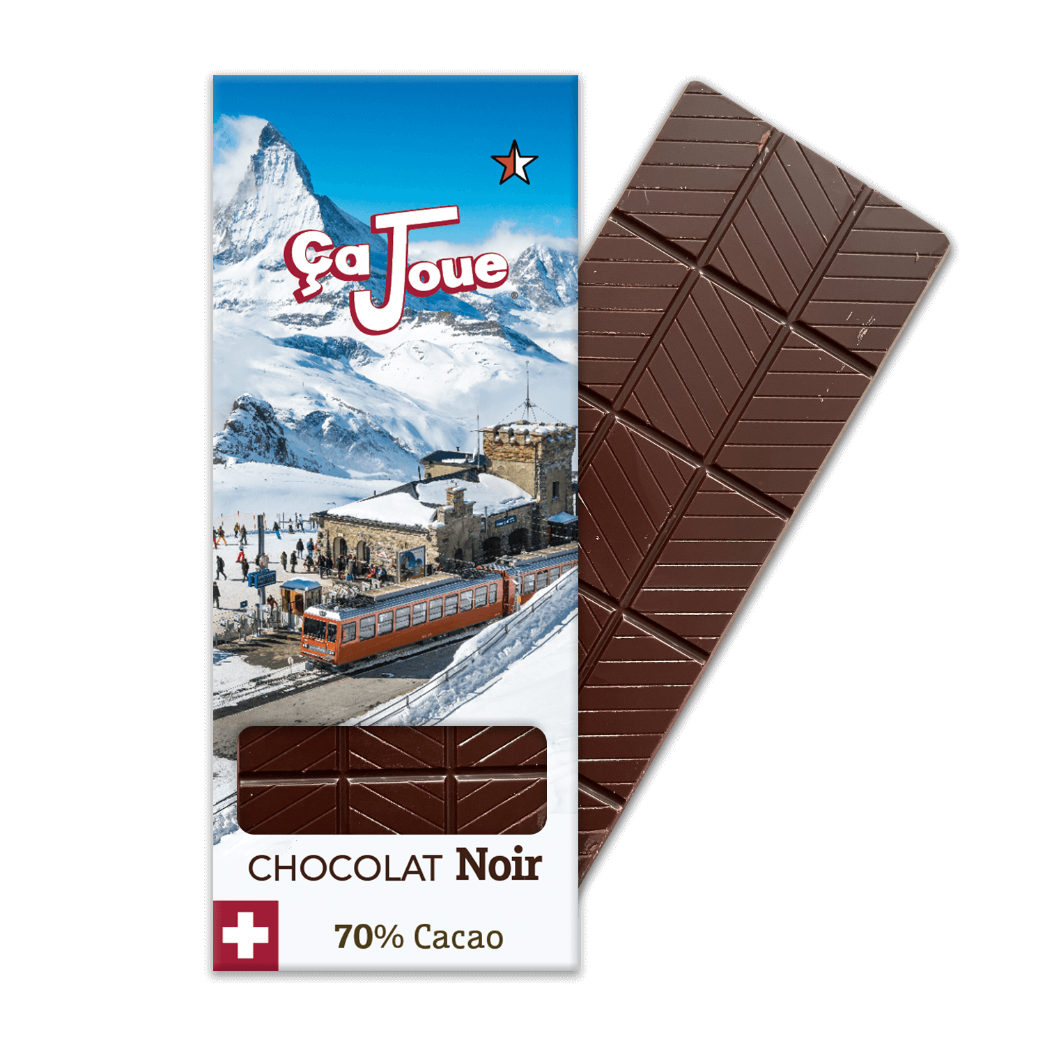 70% Cacao Dark Chocolate, Swiss and Organic, depicting the arrival of a train with the Matterhorn mountain of the Swiss Alps in the background.
