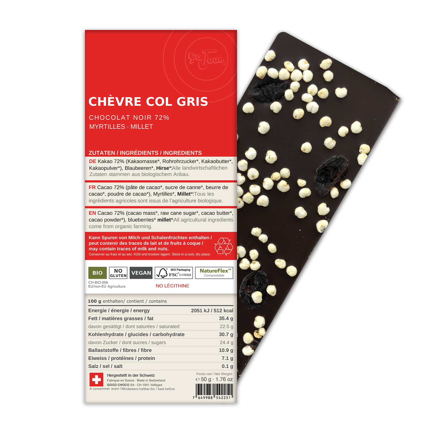 CHÈVRE COL GRIS: Dark Chocolate 72% Cacao, Blueberries, Millet (BN3-S)