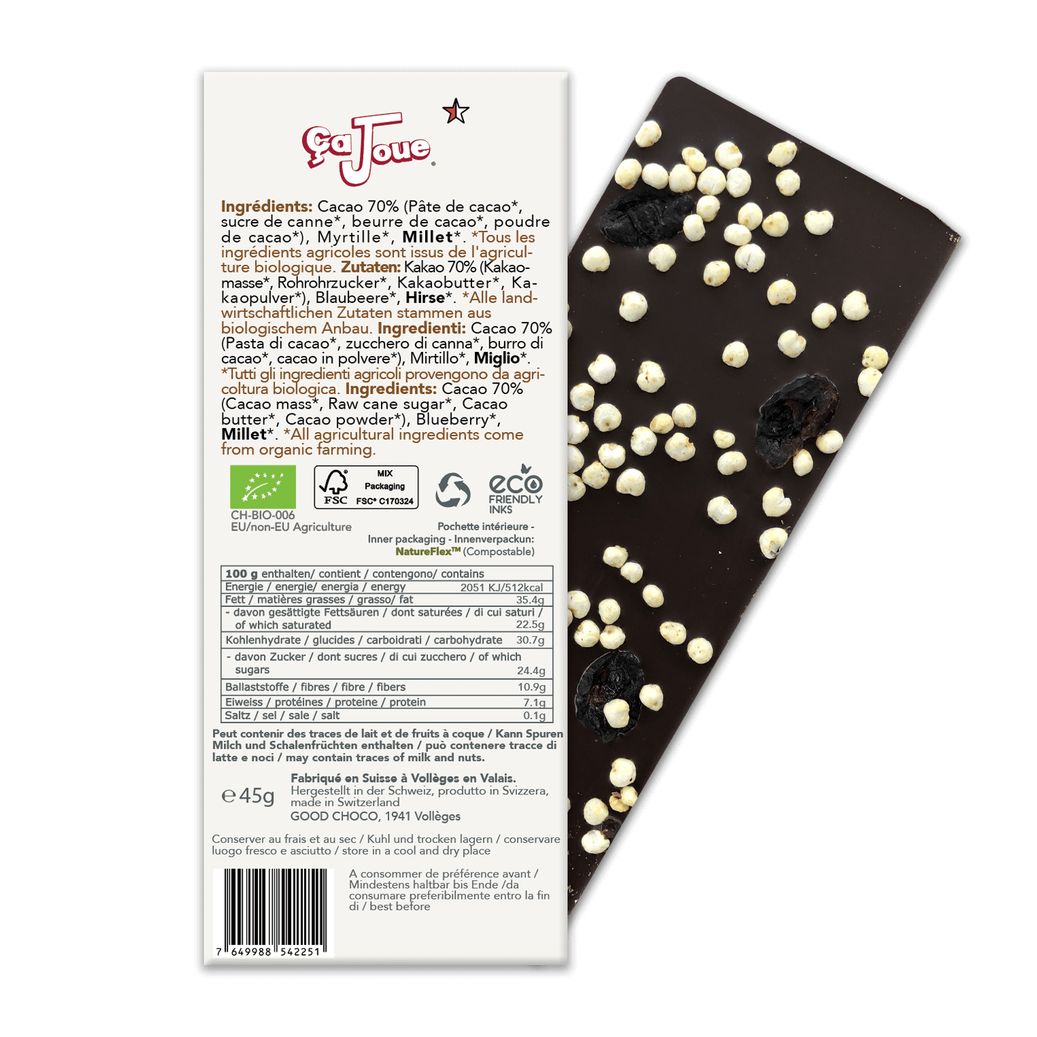 The back of the packaging for Organic Swiss 70% Cacao Dark Chocolate with Blueberries and Millet.