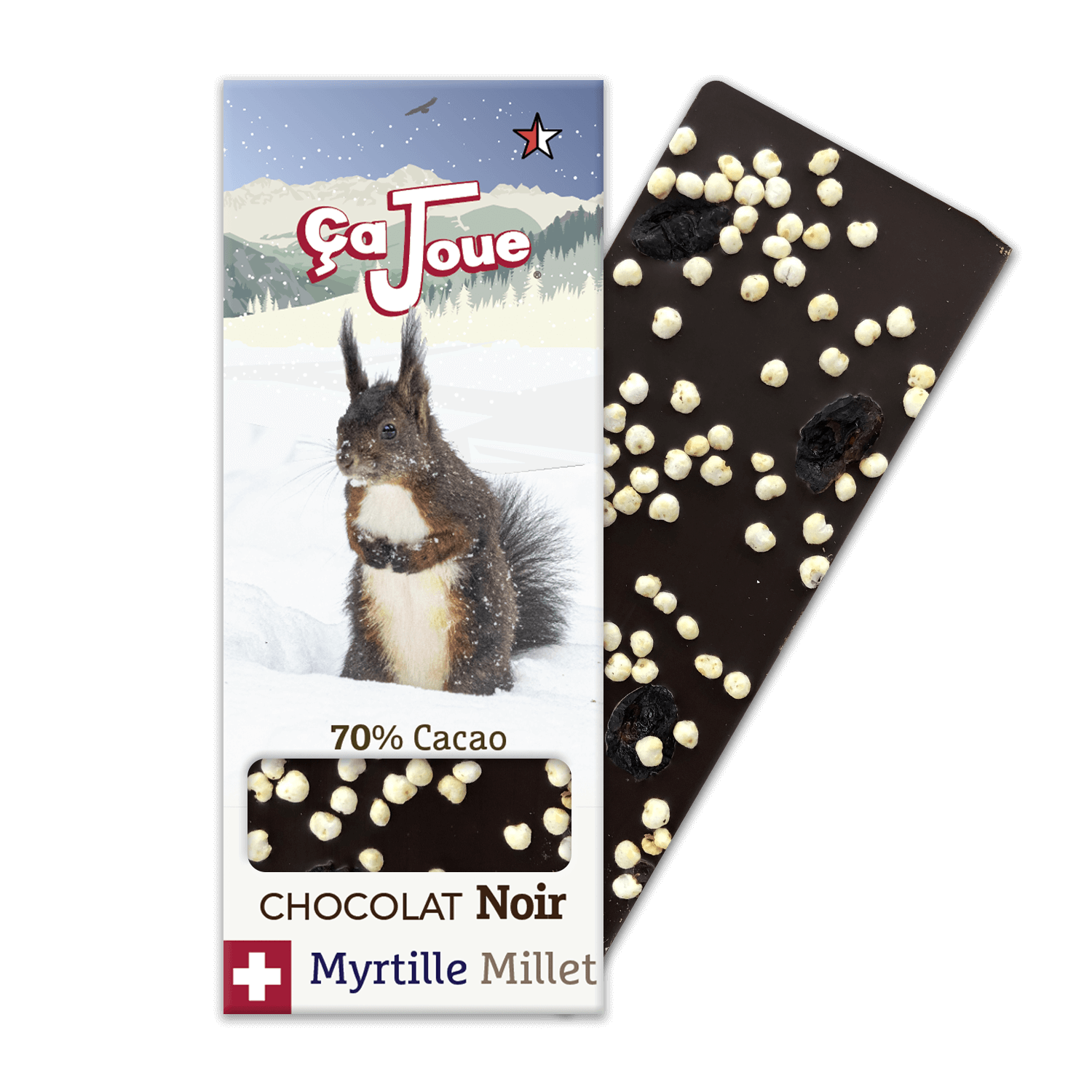 Organic Swiss 70% Cacao Dark Chocolate with Blueberries and Millet, featuring a squirrel in the snow with a graphic representation of Verbier and the Alps in the background.