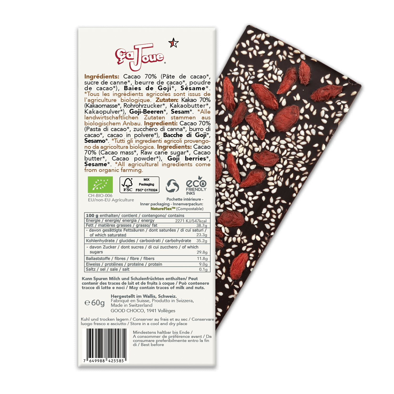 Die Rückseite der Verpackung besteht aus 70 % dunkler Kakaoschokolade, Schweizer und Bio-Schokolade, mit Sesam und Goji-Beeren.