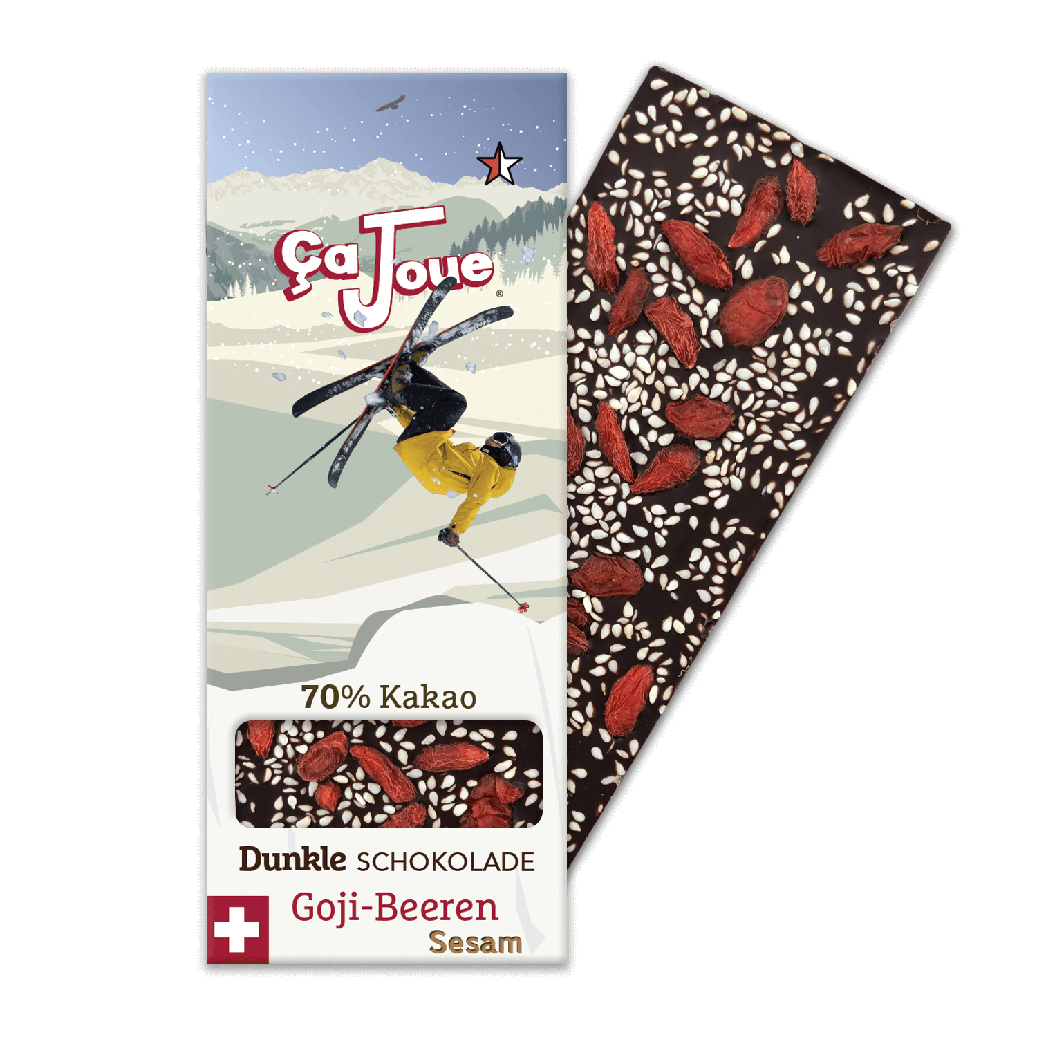 Dunkle Schokolade 70 % Kakao, Schweizer und Bio, mit Sesam und Goji-Beeren, repräsentiert den Freestyle-Skifahrer Martin Bender mit einer grafischen Darstellung von Verbier und den Alpen im Hintergrund.