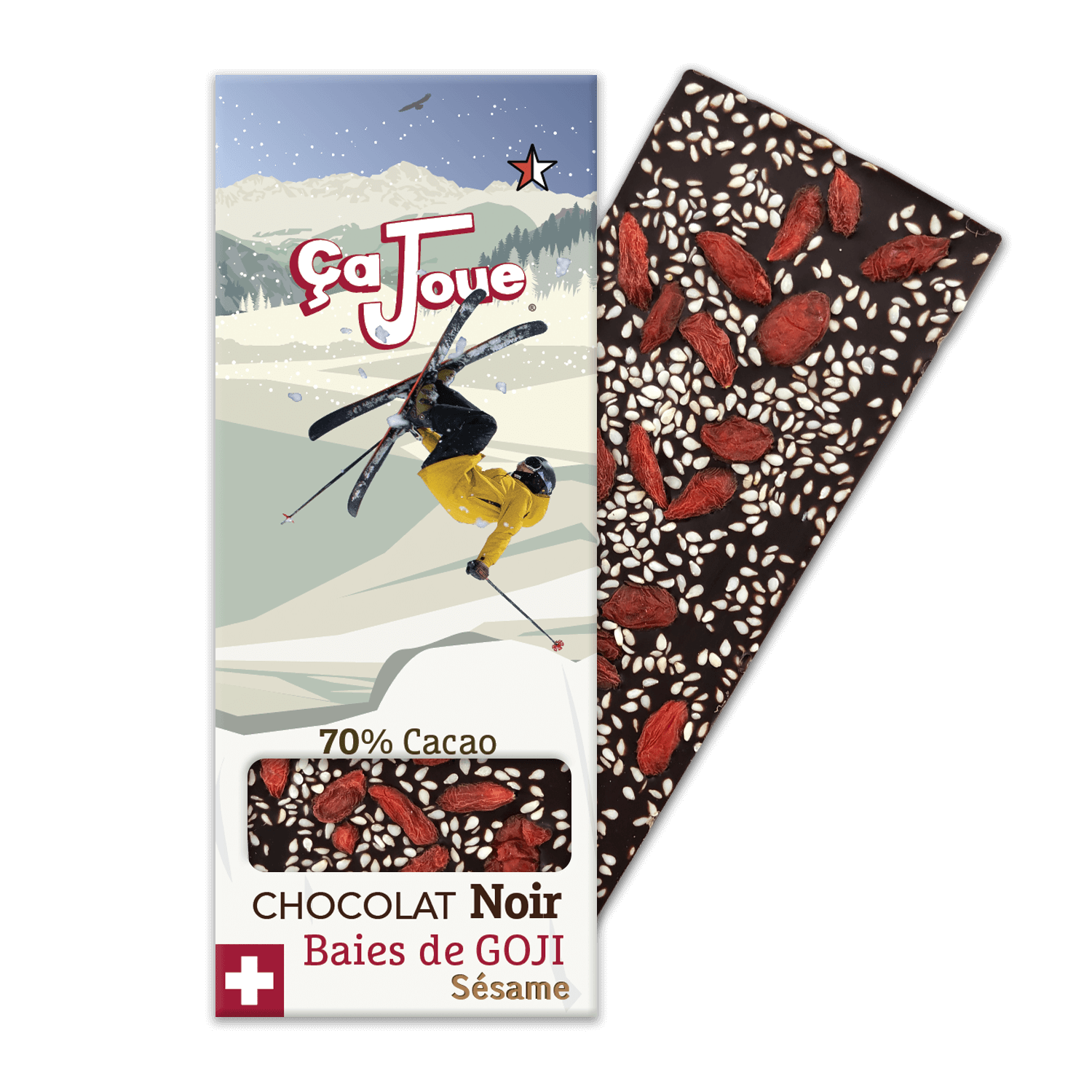 Organic Swiss 70% Cacao Dark Chocolate with Sesame and Goji Berries, featuring freestyle skier Martin Bender with a graphic representation of Verbier and the Alps in the background.
