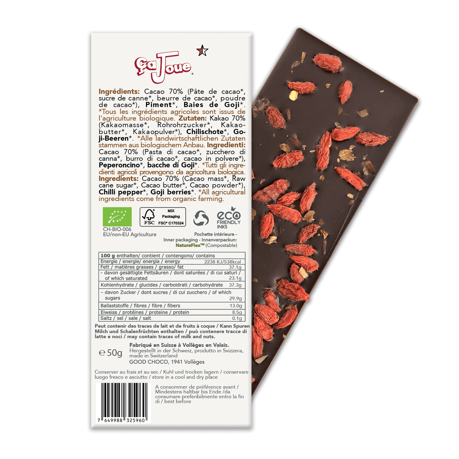 The back of the packaging for Organic Swiss 70% Cacao Dark Chocolate with Chili Pepper and Goji Berries.