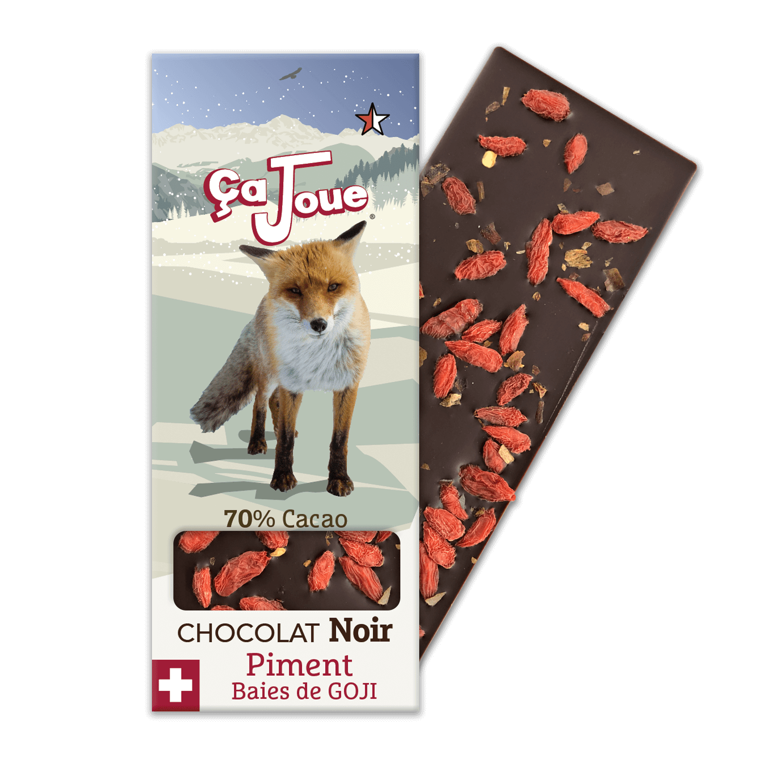 Organic Swiss 70% Cacao Dark Chocolate with Chili Pepper and Goji Berries, featuring a fox with a graphic representation of Verbier and the Alps in the background.
