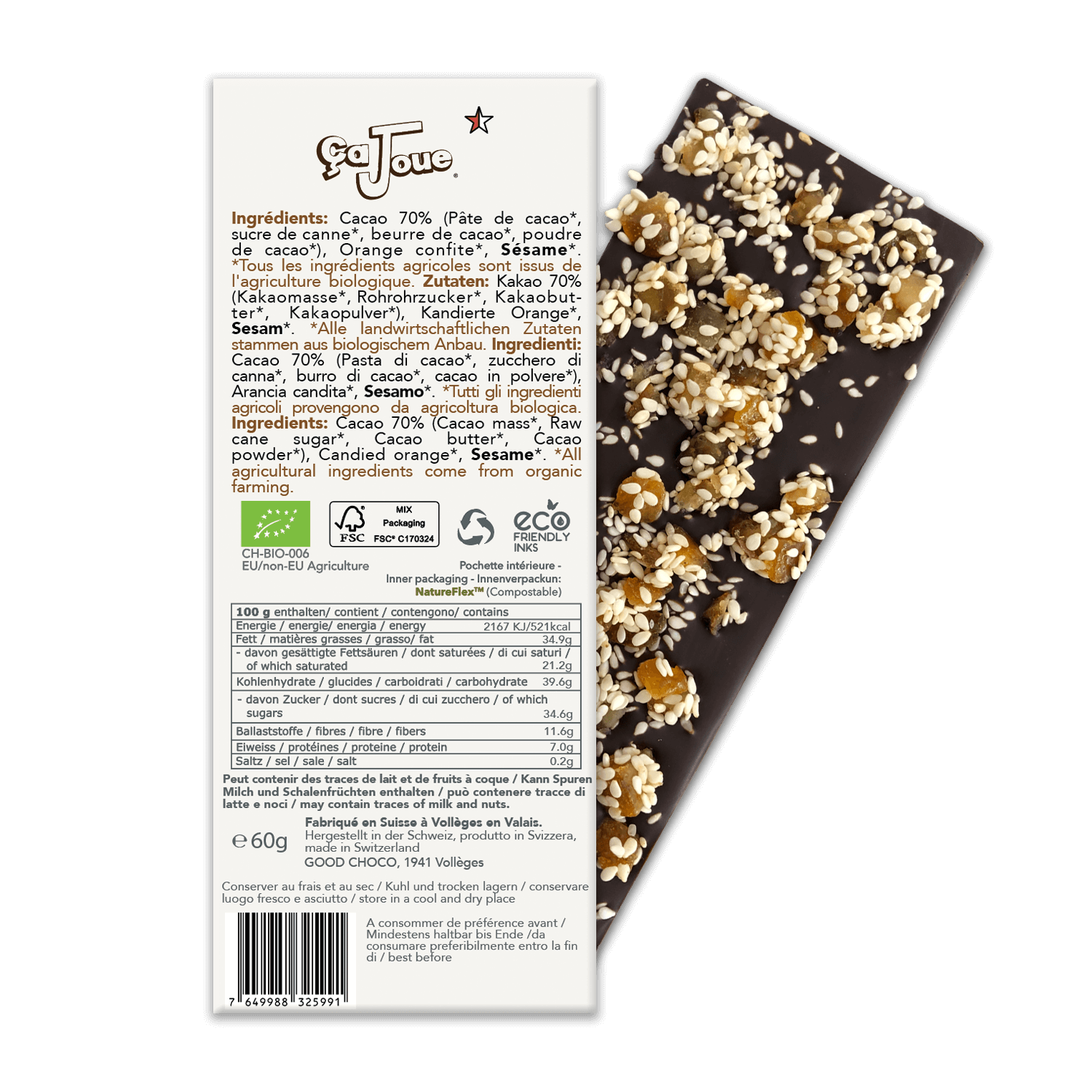 The back of the packaging for Organic Swiss 70% Cocoa Dark Chocolate with Sesame and Candied Oranges.