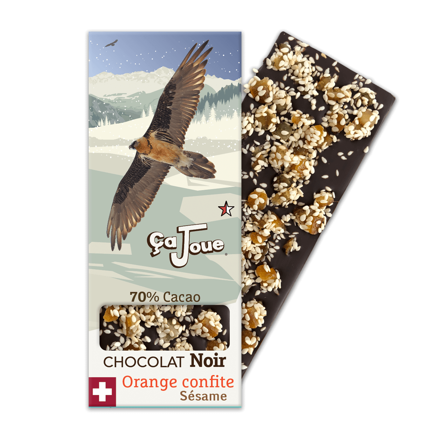 Organic Swiss 70% Cocoa Dark Chocolate with Sesame and Candied Oranges, depicting a bearded vulture bird with a graphic representation of Verbier and the Alps in the background.