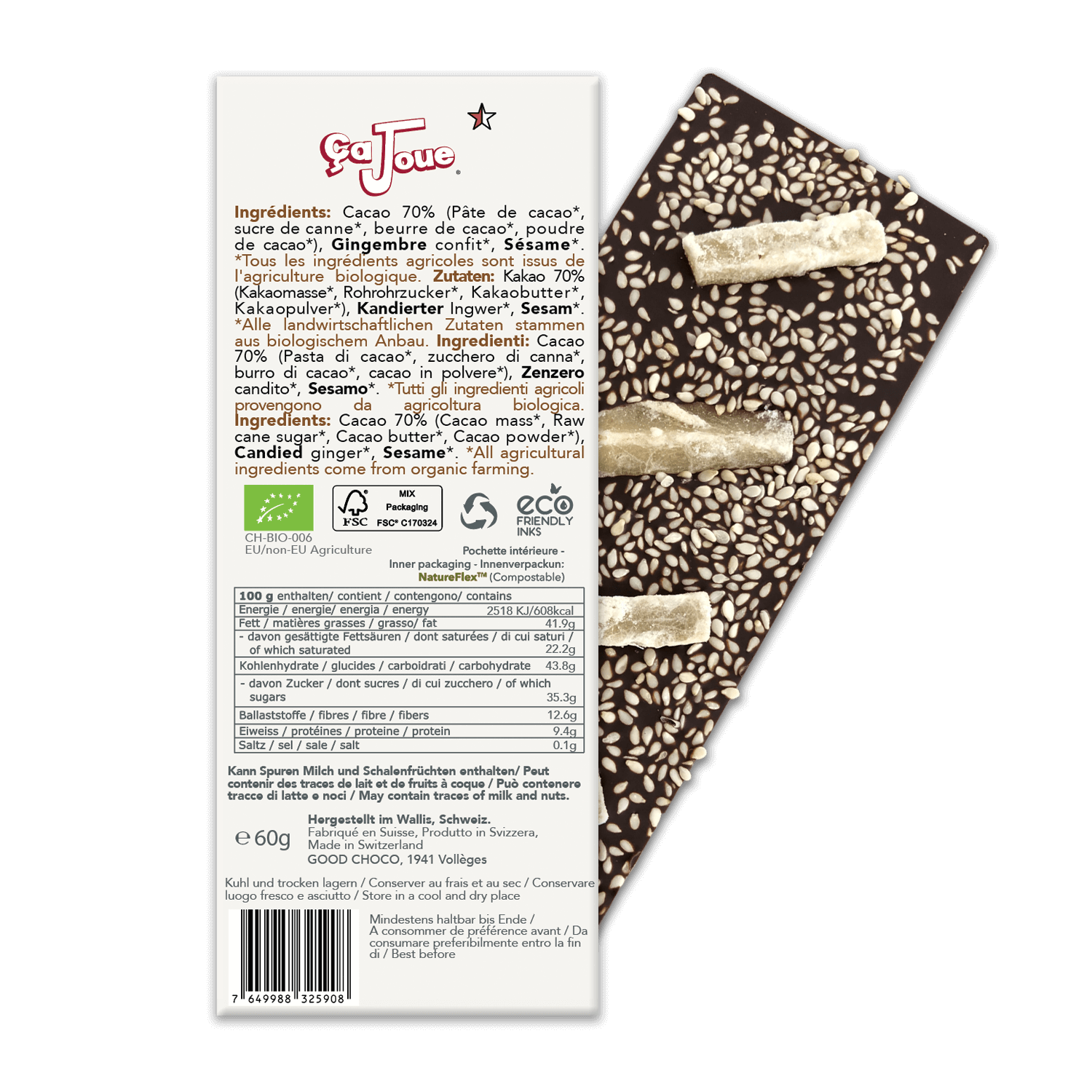 Die Rückseite der Verpackung besteht aus 70 % Kakao-Zartbitterschokolade, Schweizer und Bio-Schokolade, mit Sesam und kandiertem Ingwer.