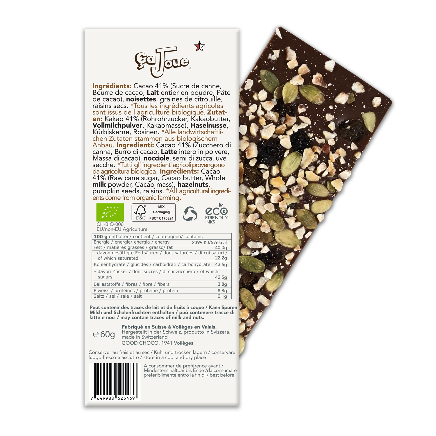 Chocolat au Lait suisse 41% Cacao avec Noisettes, Raisins secs et Graines de Citrouille