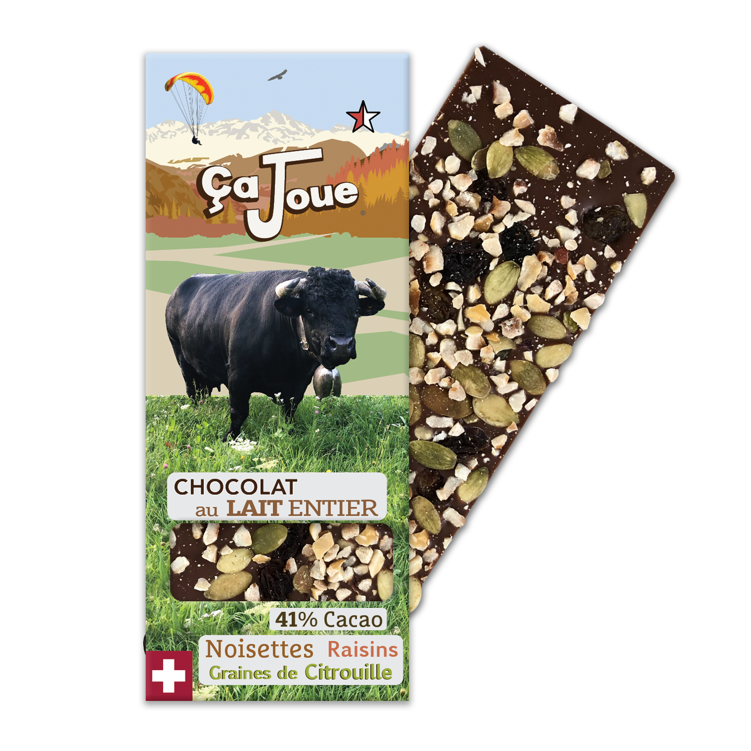 Chocolat au Lait suisse 41% Cacao avec Noisettes, Raisins secs et Graines de Citrouille