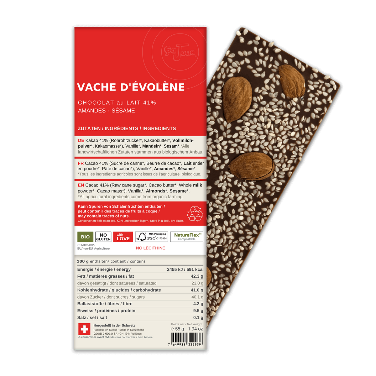 VACHE D’ÉVOLÈNE: Chocolat au lait suisse 41% Cacao, Amandes, Sésame (BL11-S)