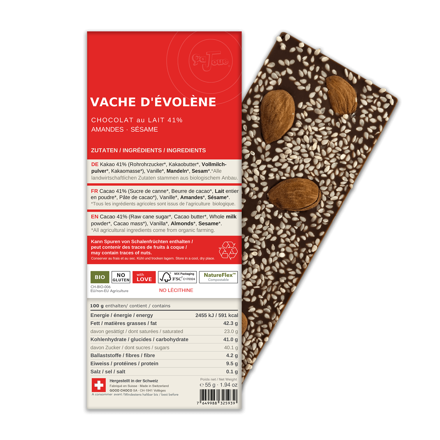 VACHE D’ÉVOLÈNE: Swiss Milk Chocolate 41% Cacao, Almonds,  Sesame (BL11-S)
