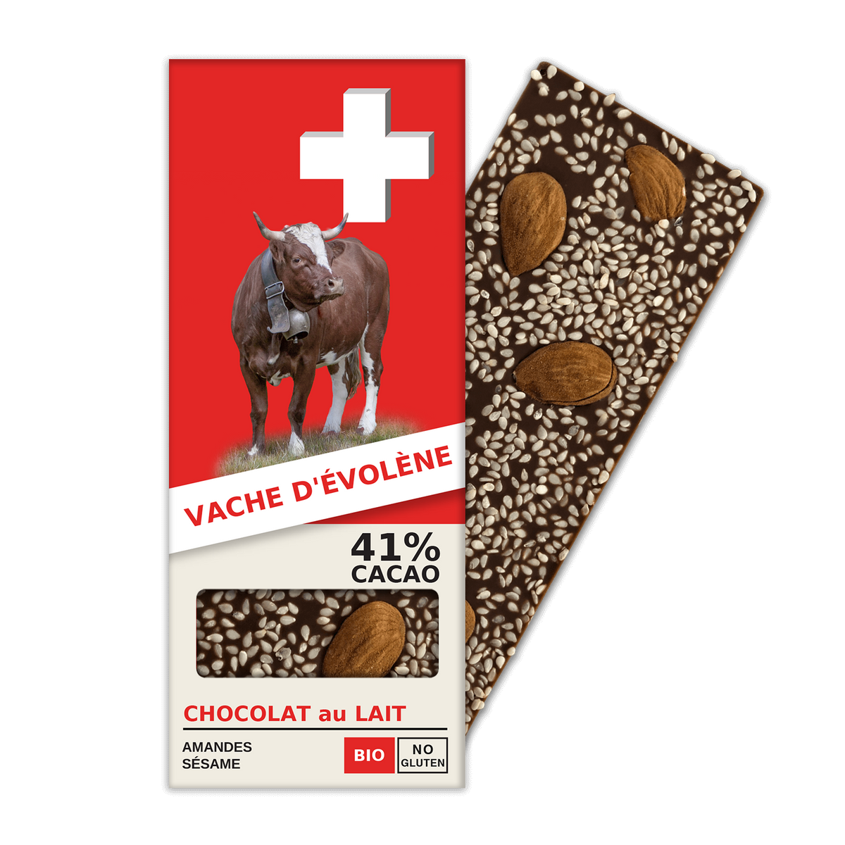 VACHE D’ÉVOLÈNE: Chocolat au lait suisse 41% Cacao, Amandes, Sésame (BL11-S)