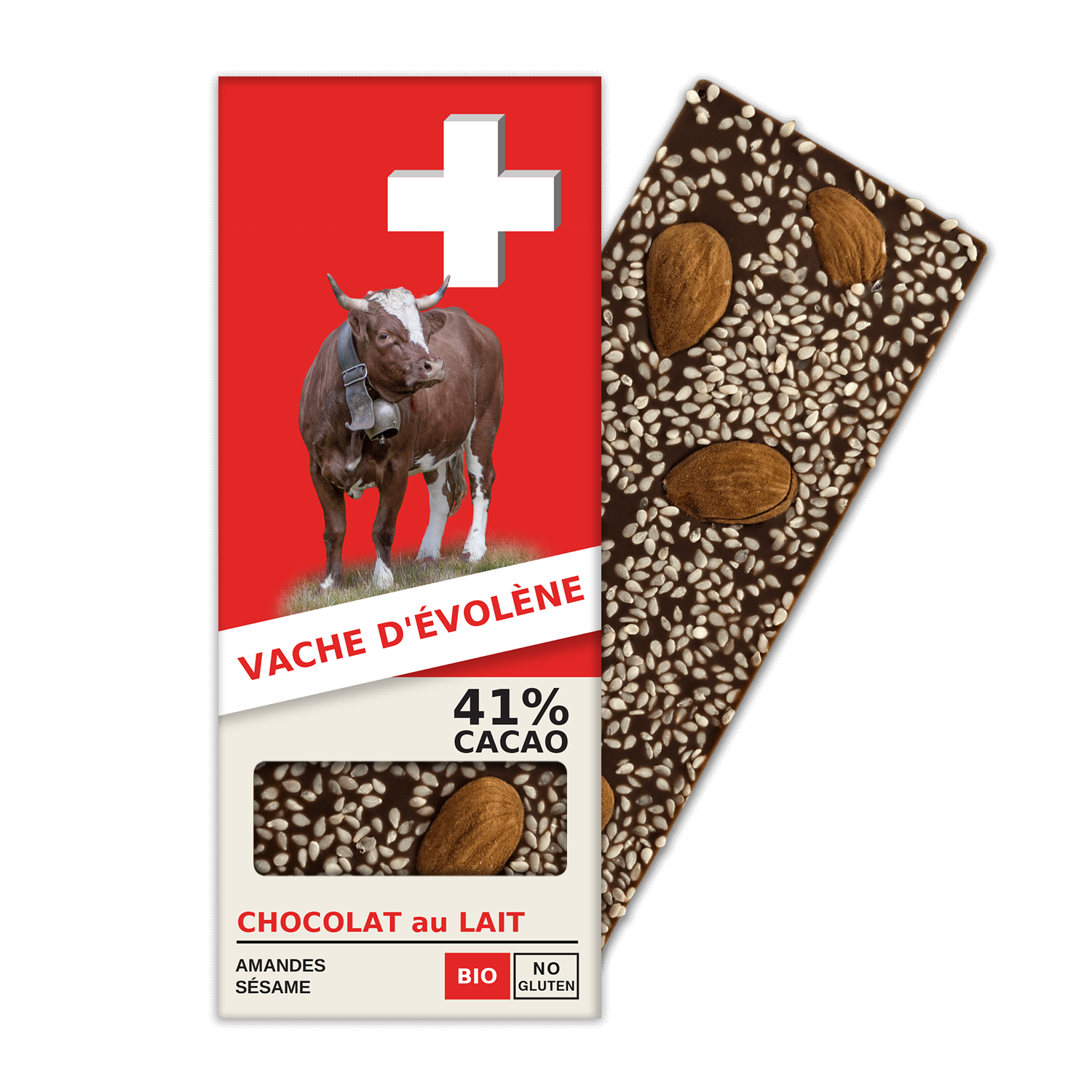 VACHE D’ÉVOLÈNE: Swiss Milk Chocolate 41% Cacao, Almonds,  Sesame (BL11-S)