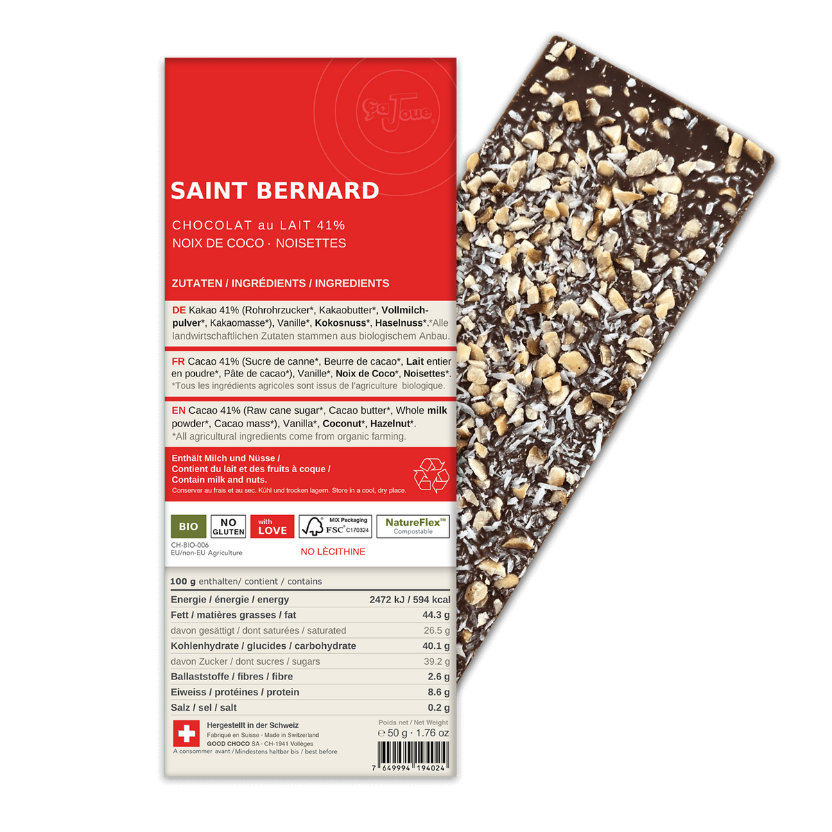 SAINT BERNARD: Chocolat au Lait suisse 41% Cacao, Noisettes, Noix de Coco (BL13-S)