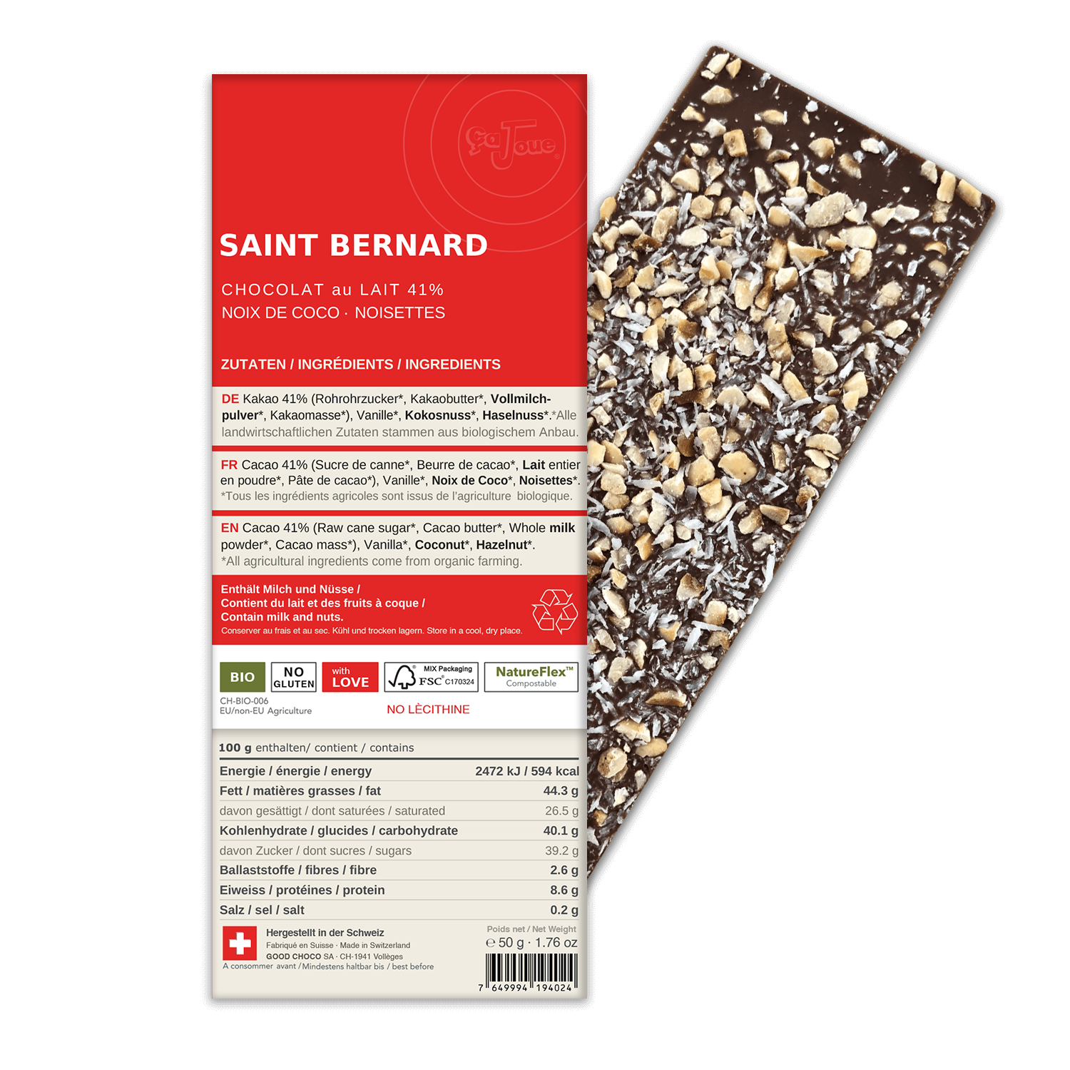 SAINT BERNARD: Swiss Milk Chocolate 41% Cacao, Hazelnut,  Coconut (BL13-S)