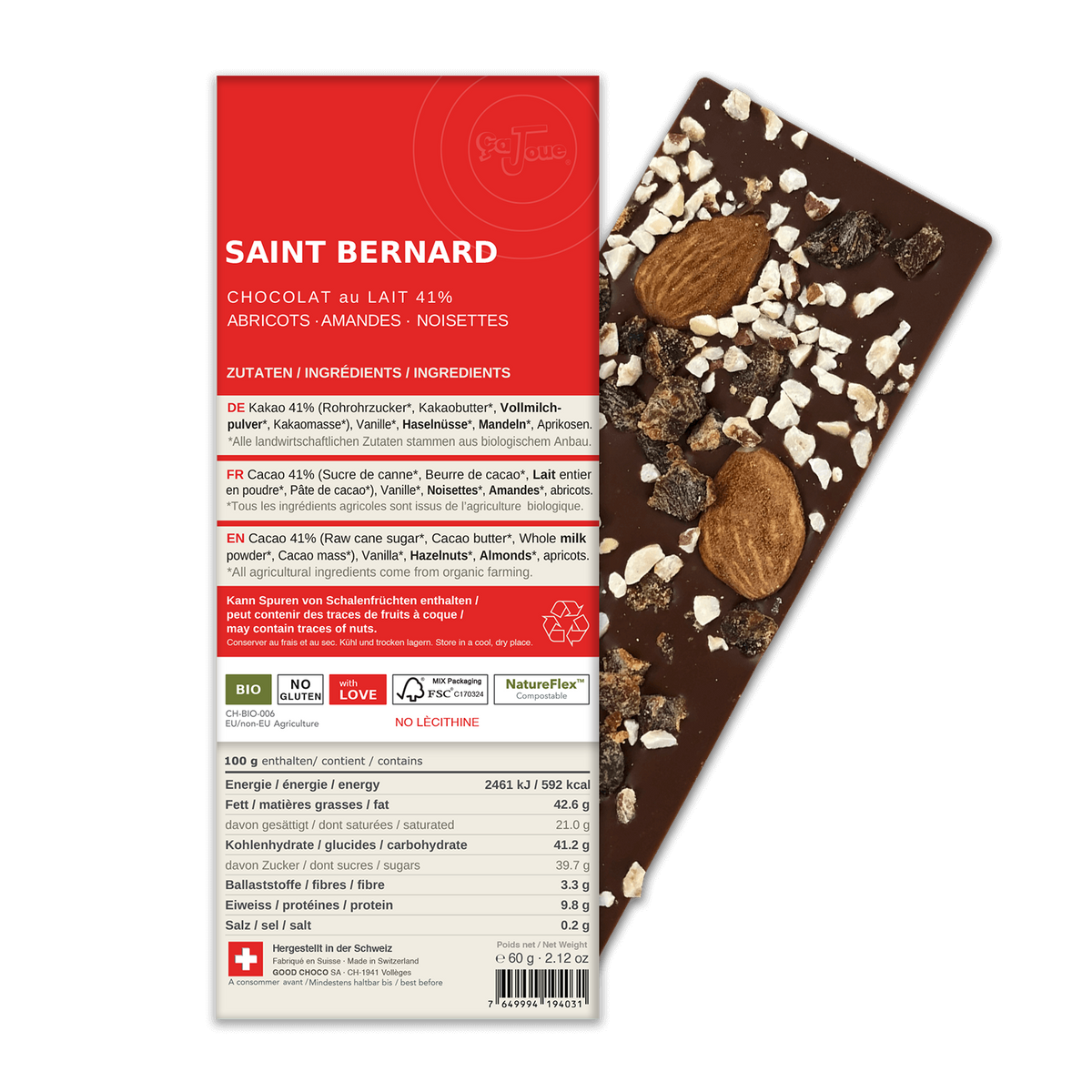 PETIT SAINT BERNARD: Schweizer Milchschokolade 41% Kakao, Aprikosen, Mandeln, Haselnüssen (BL14-S)
