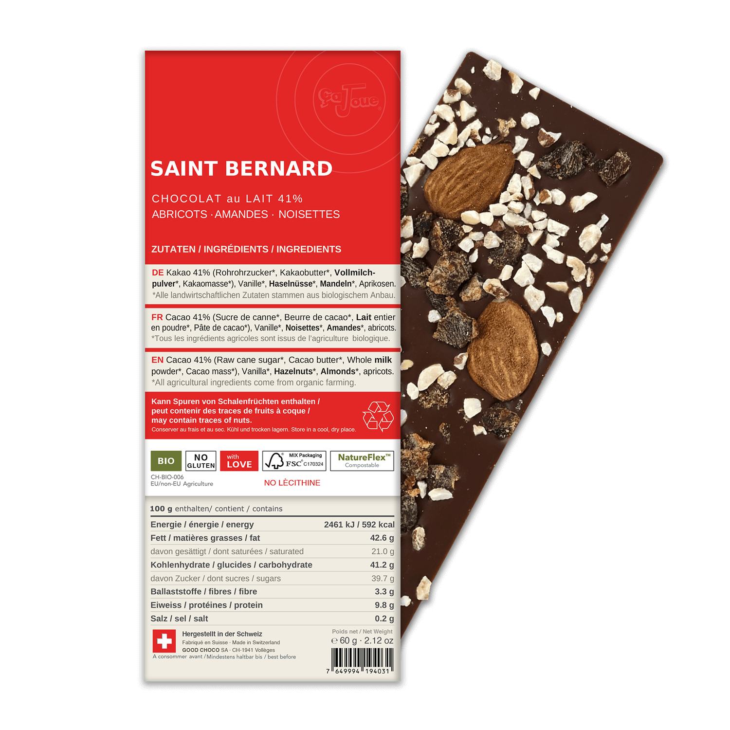 PETIT ST BERNARD: Swiss Milk Chocolate 41% Cocoa, Apricots, Almonds, Hazelnuts (BL14-S)