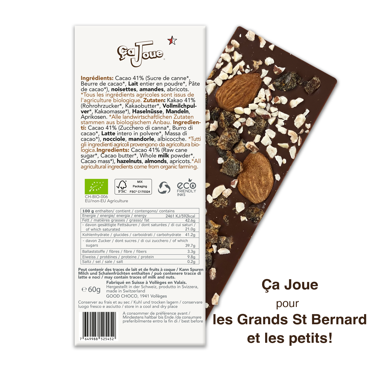 Chocolat au Lait suisse 41% Cacao aux Abricots, Amandes et Noisettes