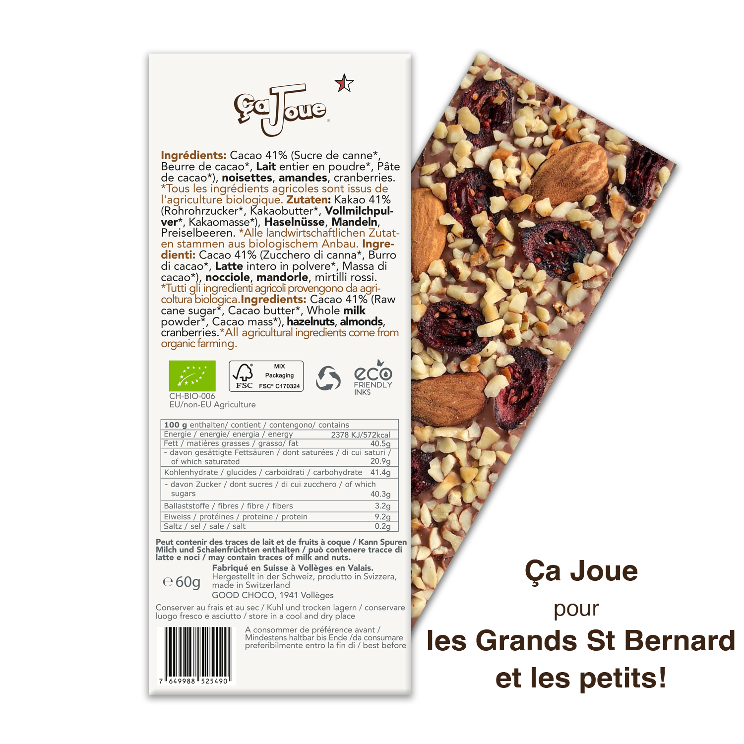 Chocolat au Lait suisse 41% Cacao aux Cranberries, Amandes et Noisettes